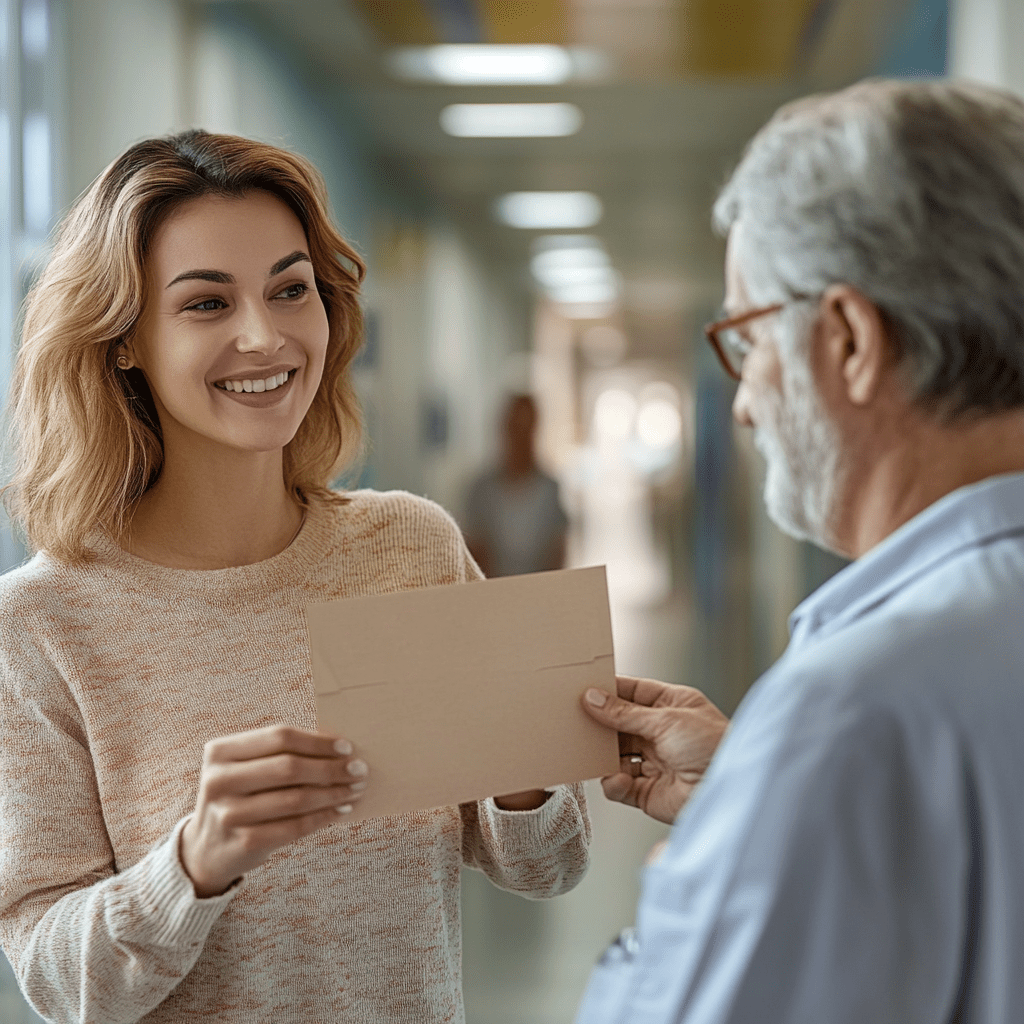 Krankenschwester reicht ein Urlaubsdokument ein.