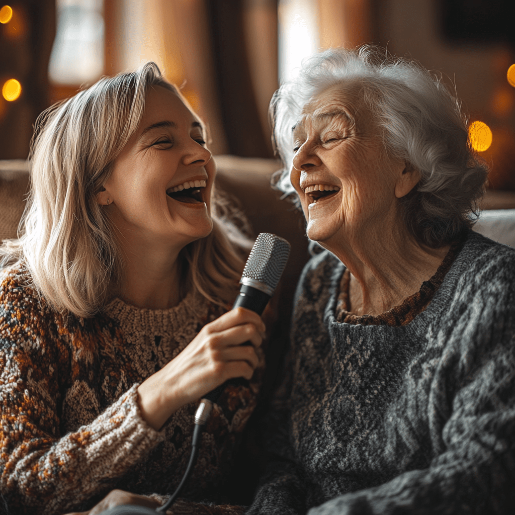 Verwandte singen mit älteren Angehörigen, um Erinnerungen zu wecken.