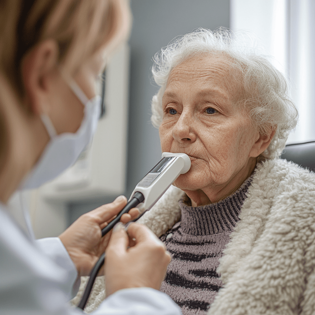 Eine ältere Frau führt eine Spirometrie zur Diagnose von COPD durch