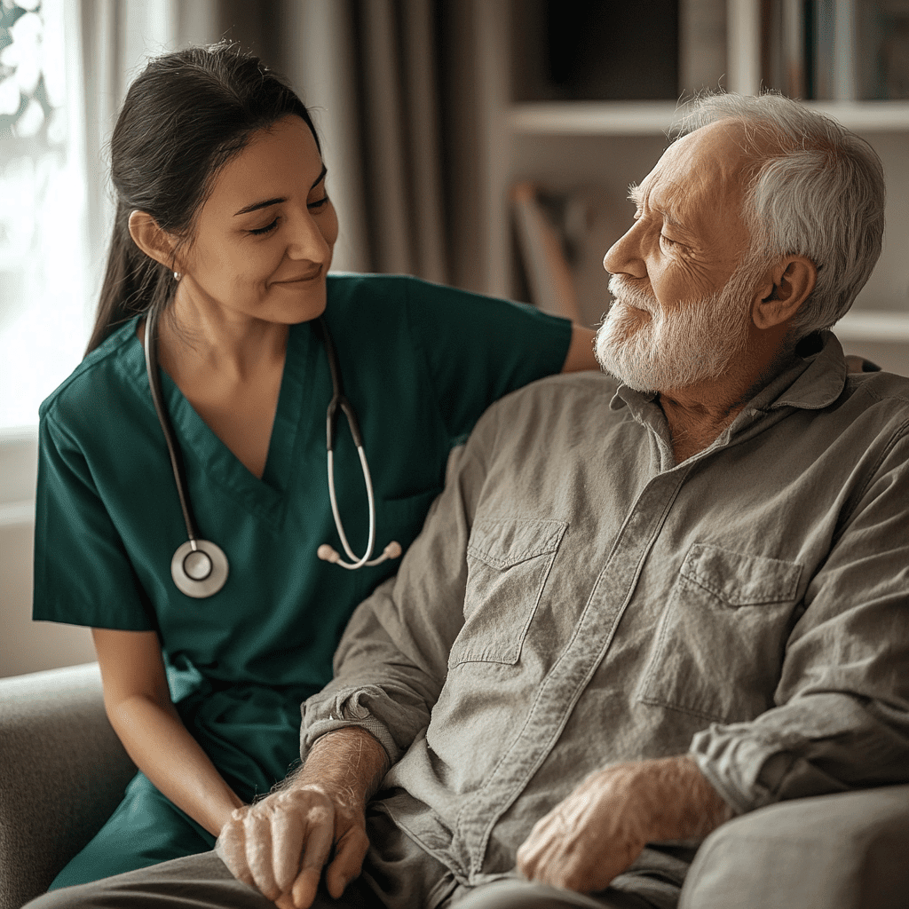 Pflegekraft spricht mit Demenzpatienten
