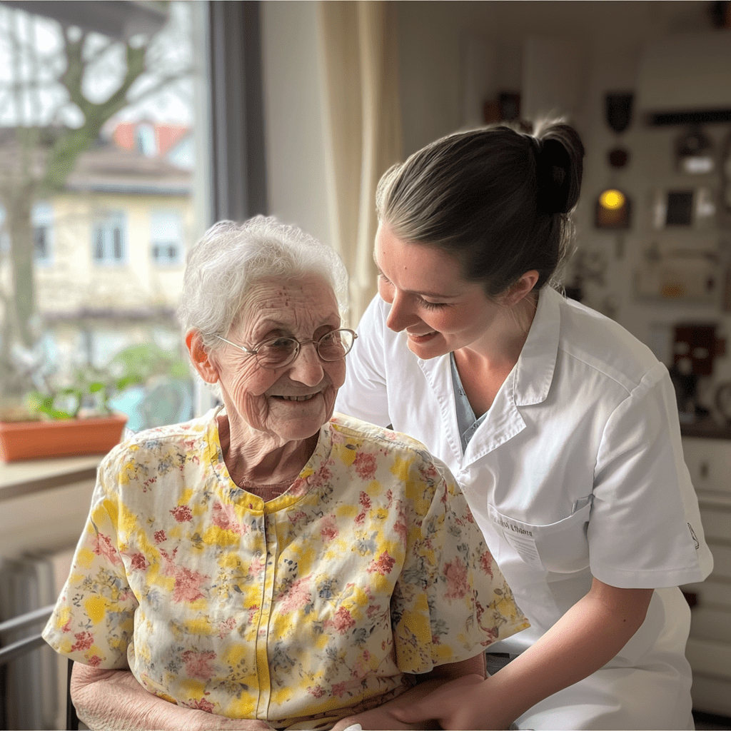 Eine pflegebedürftige alte deutsche Frau trägt ein florales Kleid. Sie sitzt in einem komfortablen Raum, der für ihre Bedürfnisse angepasst ist, und zeigt ein freundliches, aber auch nachdenkliches Gesicht.