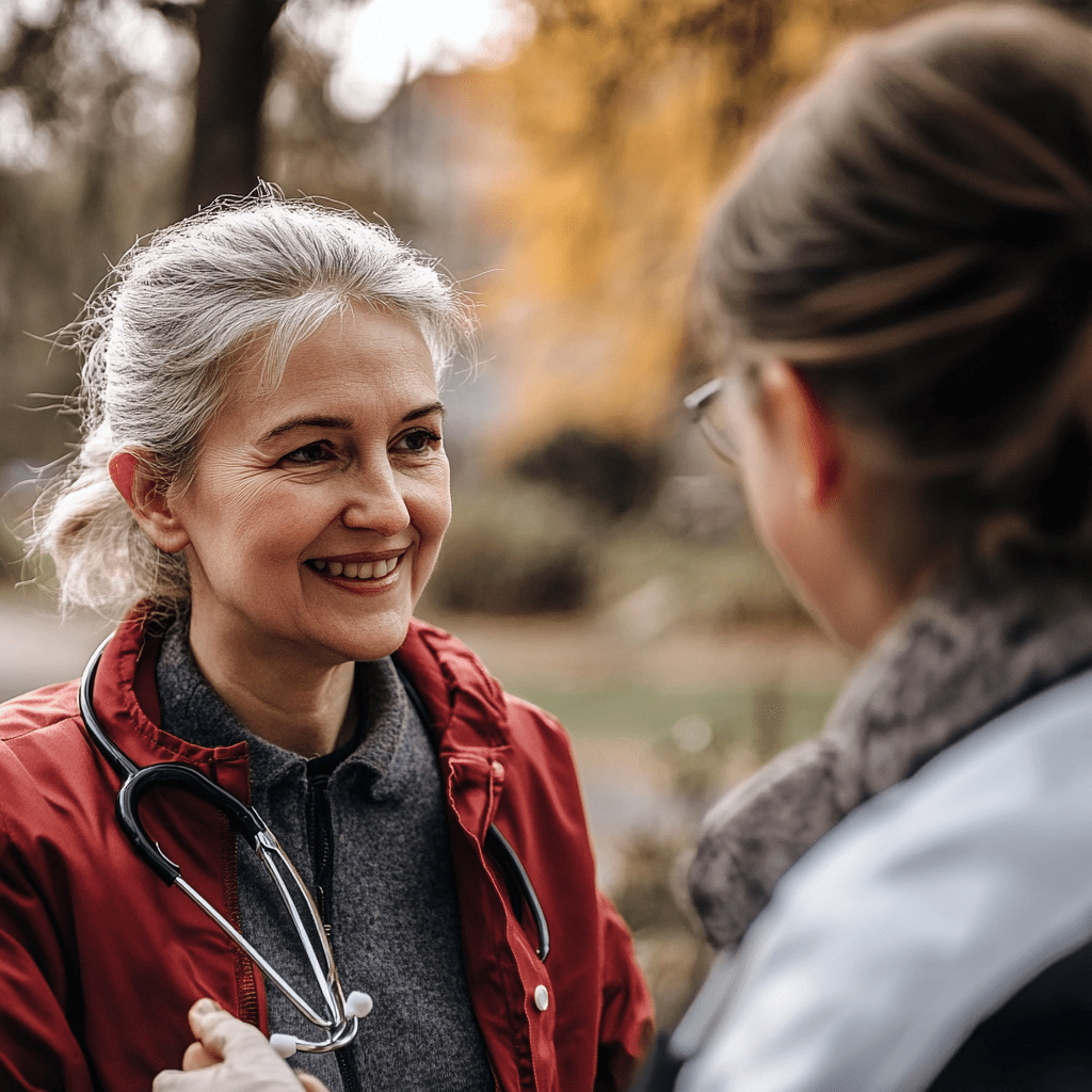 Eine junge Krankenschwester unterstützt eine ältere deutsche Dame mit einer Gehhilfe im Freien, umgeben von grüner Vegetation.