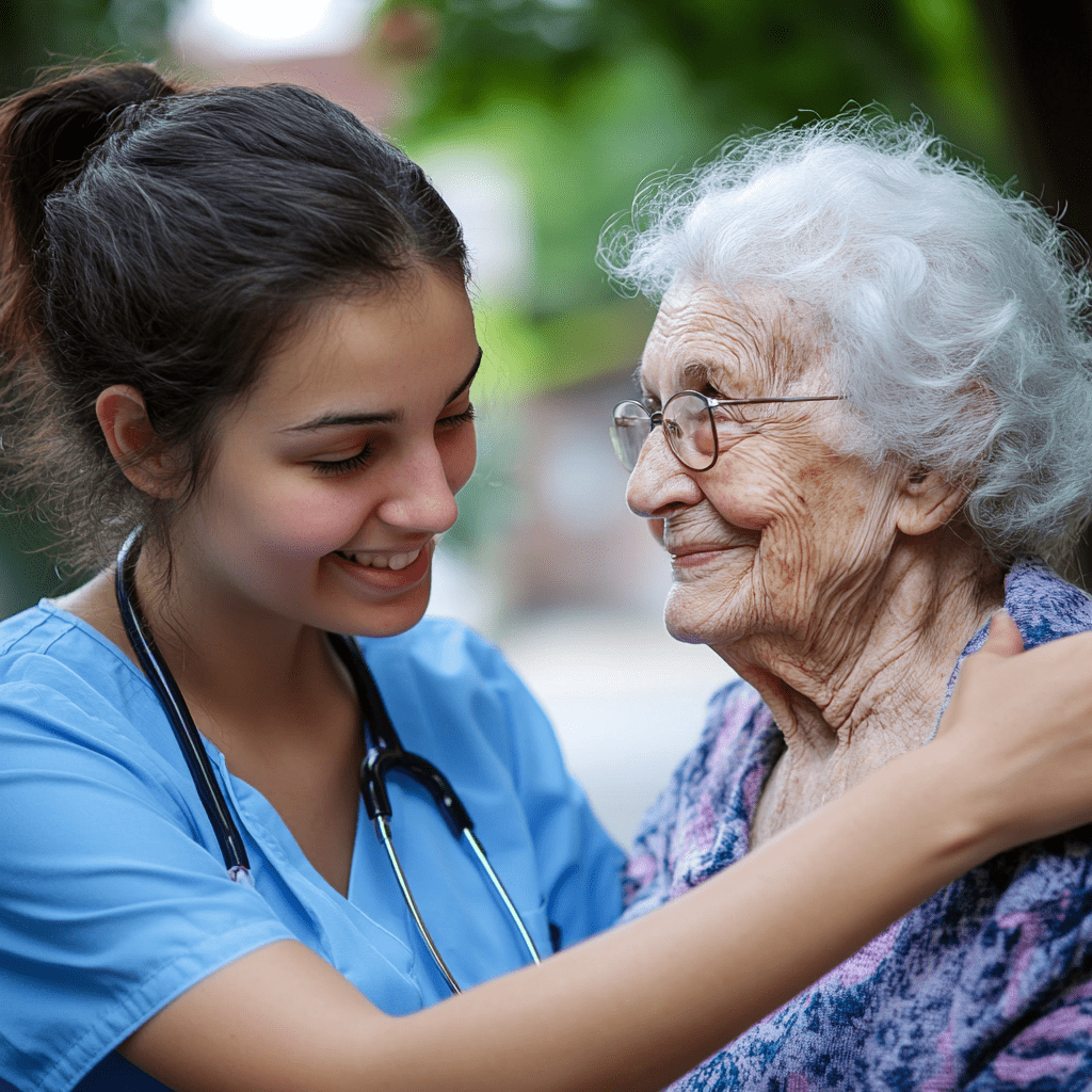 Eine junge Krankenschwester unterstützt eine ältere deutsche Dame mit einer Gehhilfe im Freien, umgeben von grüner Vegetation.