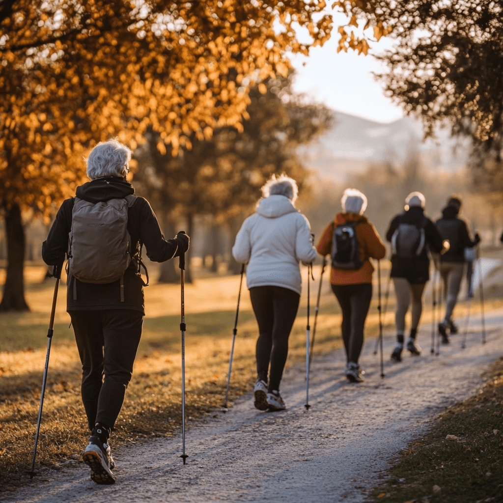 Gruppe beim Nordic Walking im Park