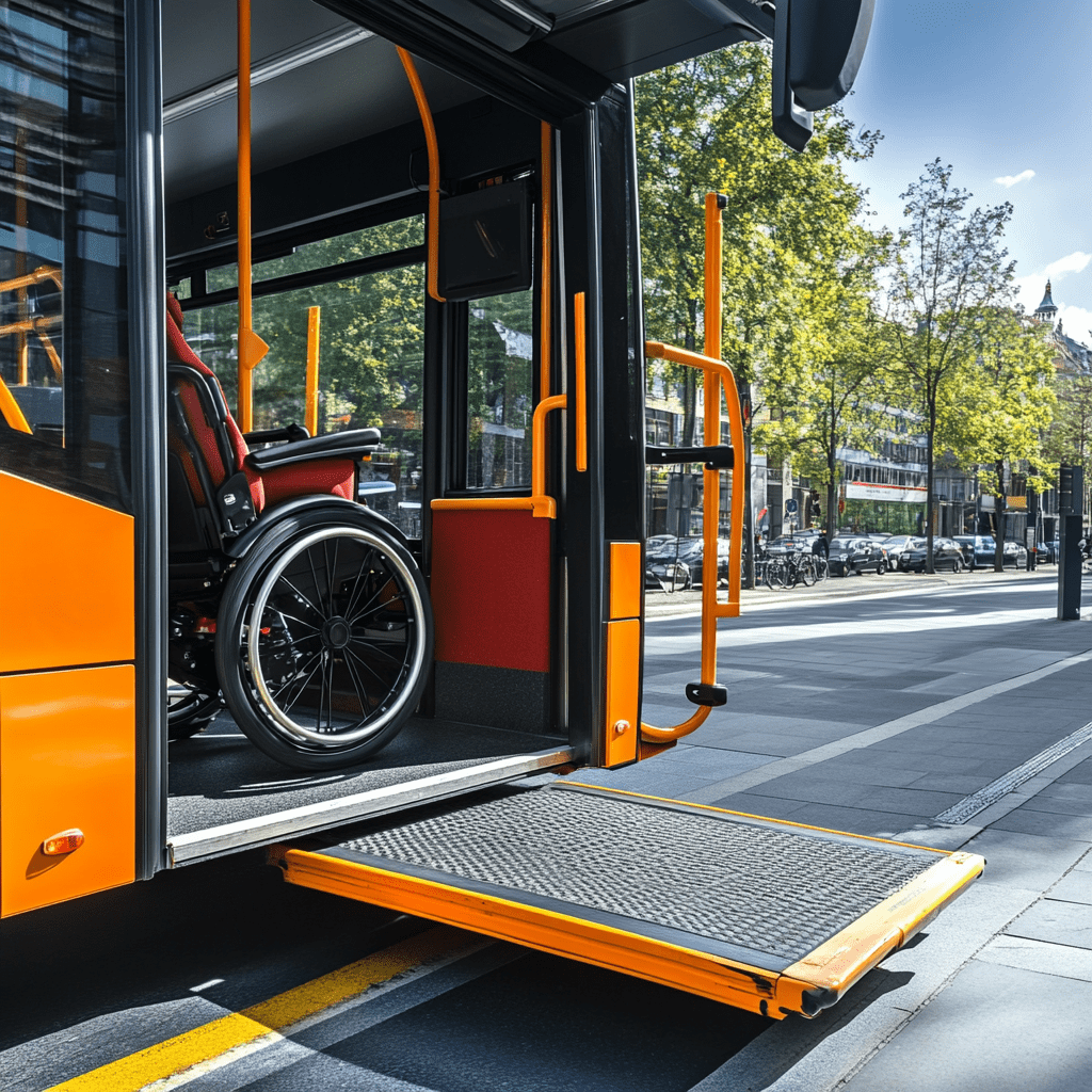 Ein öffentlicher Bus mit einem Rollstuhlfahrer beim Einsteigen