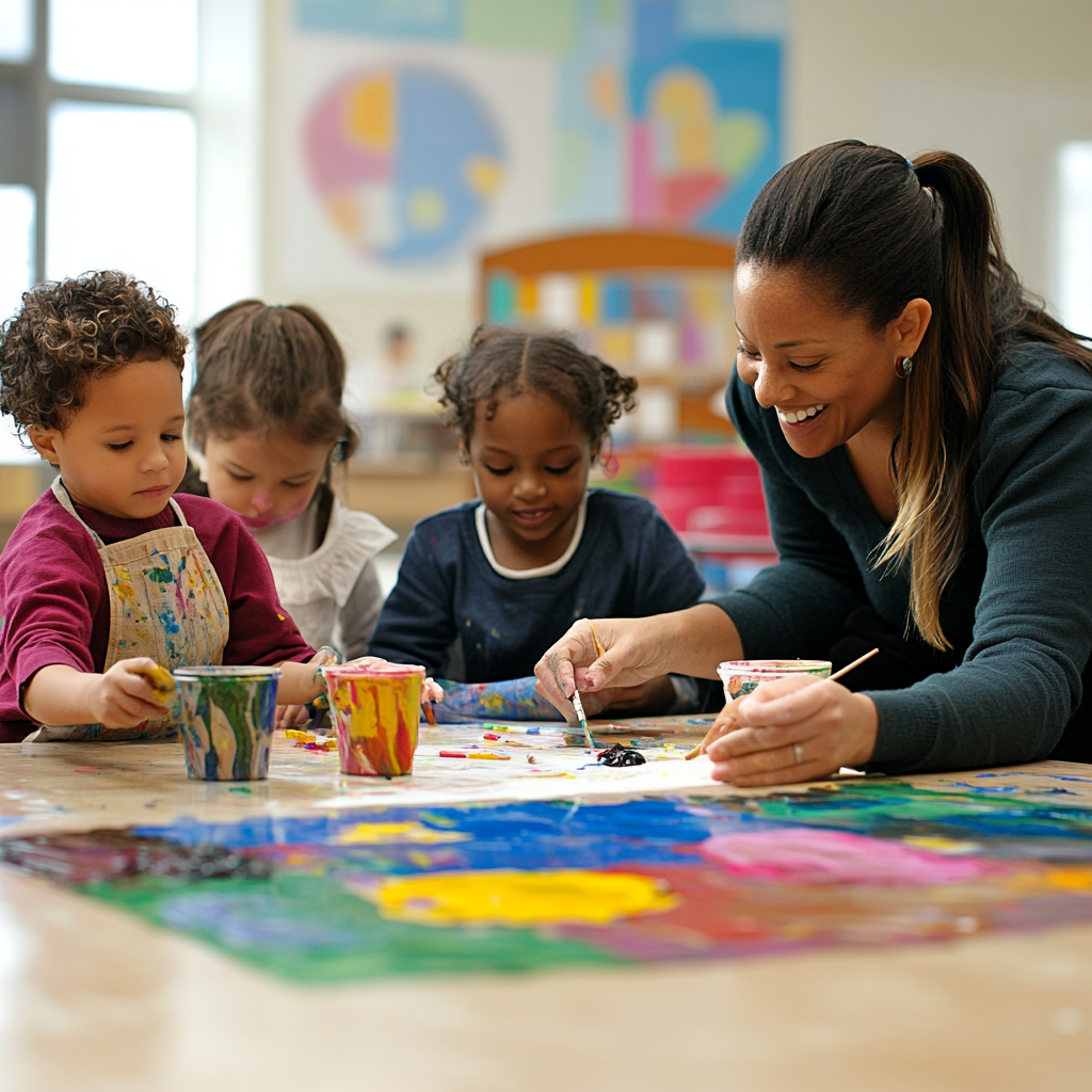 Erzieher unterstützt Kinder beim gemeinsamen Spielen