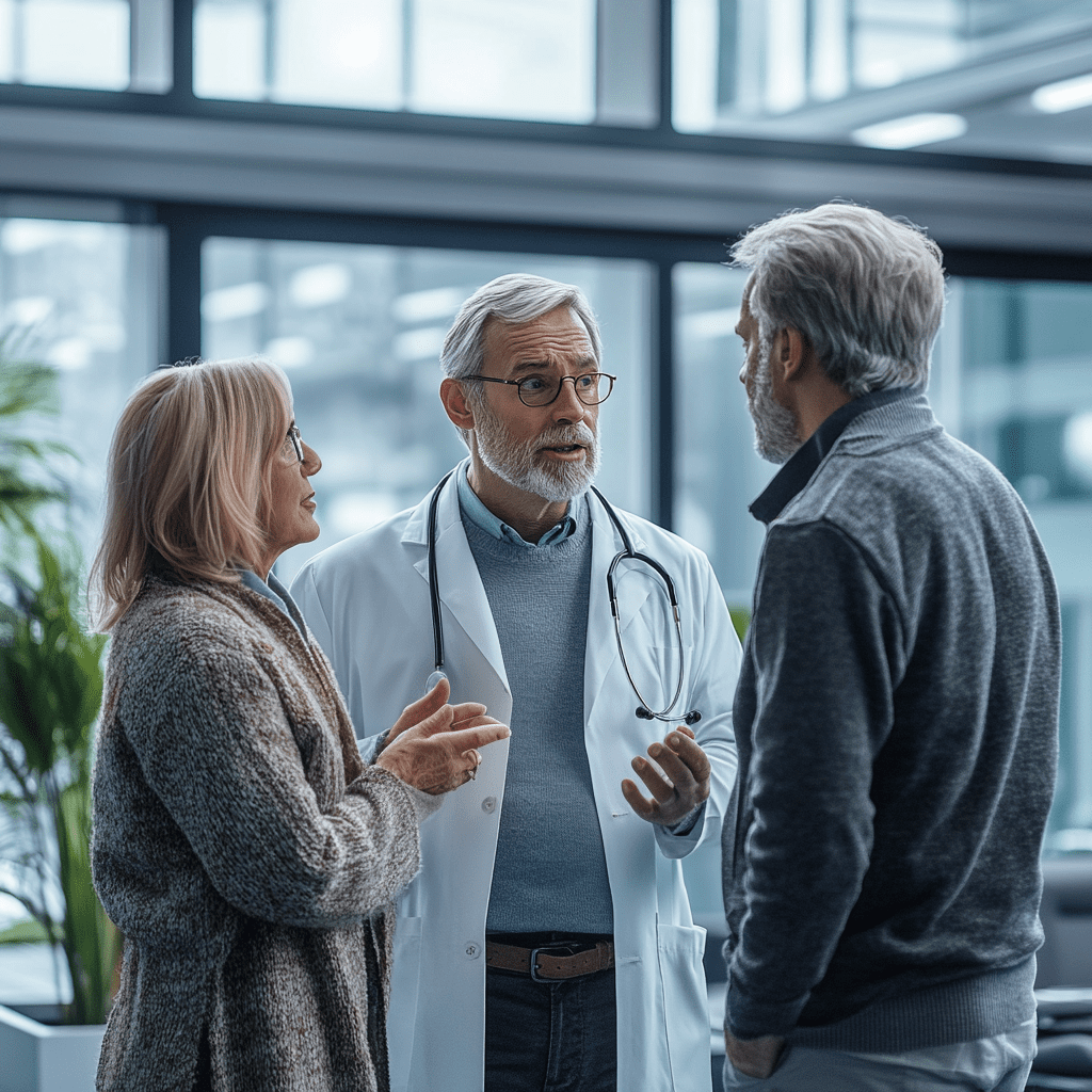 Ärzte diskutieren mit Angehörigen im Krankenhaus