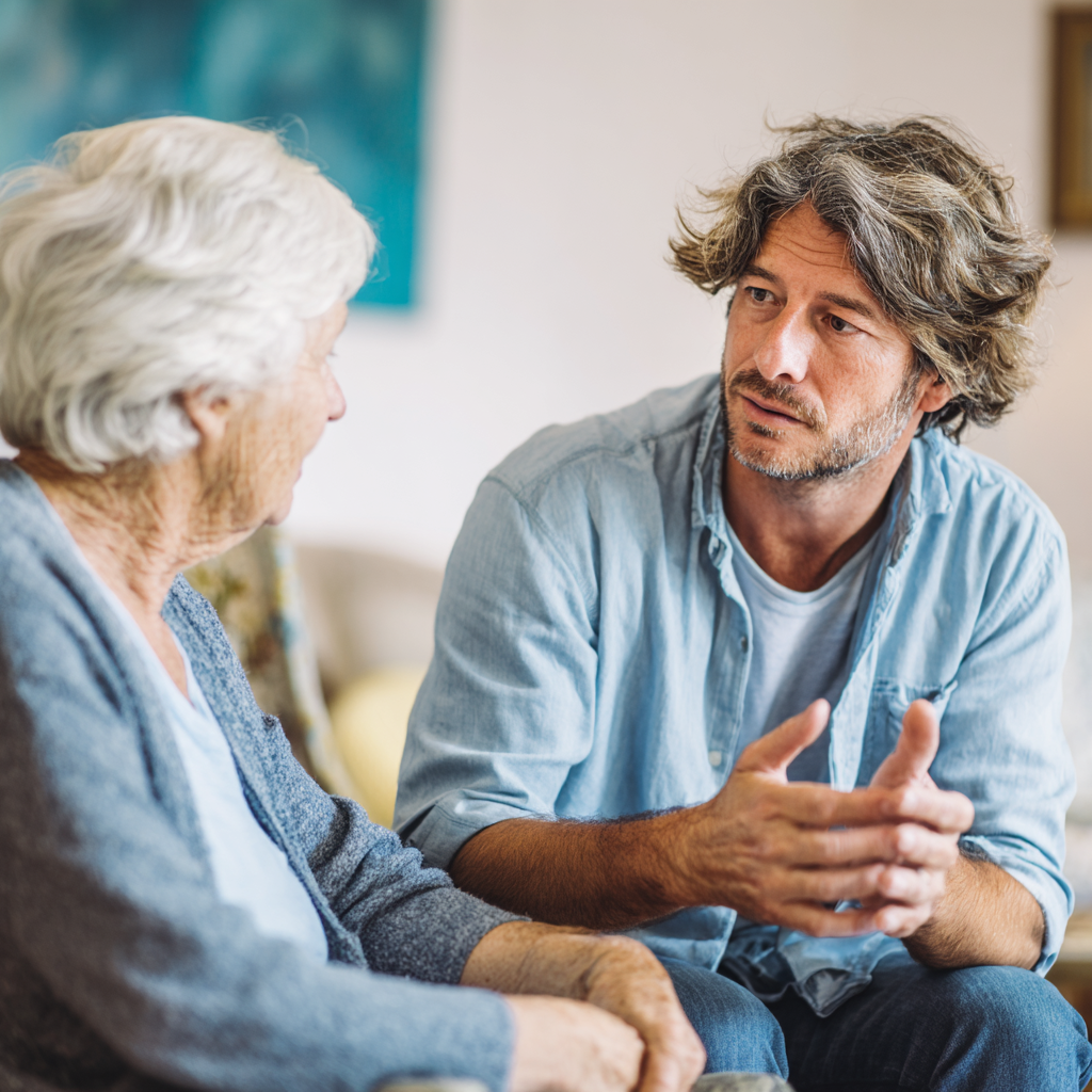 Pflegekraft spricht mit einem Demenzkranken Pflegekraft spricht mit einem Demenzkranken