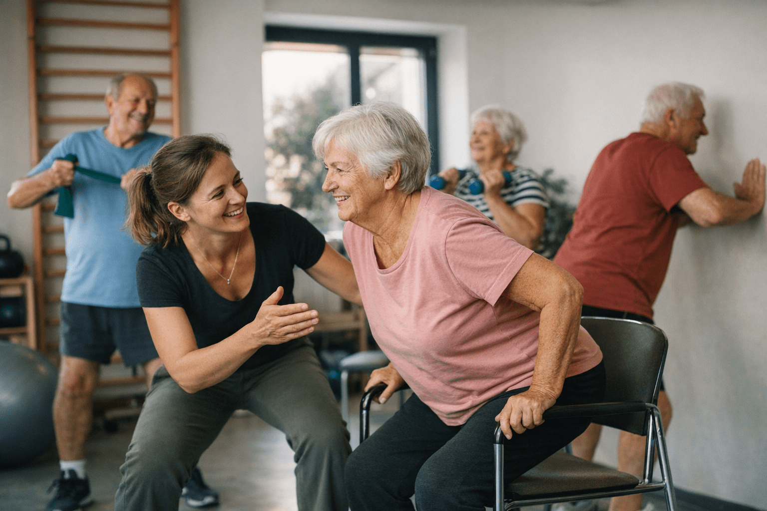 ältere Menschen beim Krafttraining zur Vorbeugung von Sarkopenie Ältere Menschen beim Krafttraining zur Vorbeugung von Sarkopenie