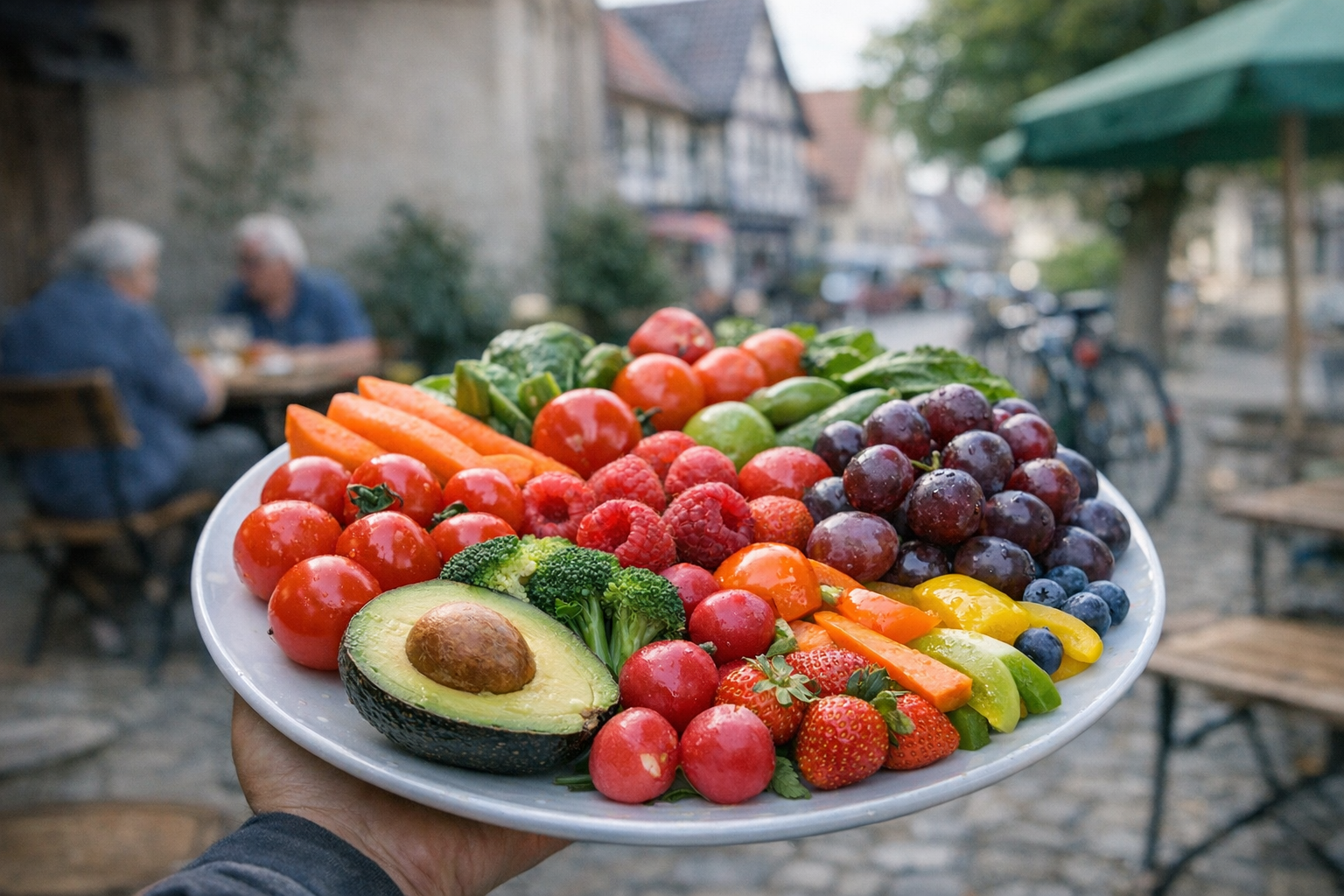 bunte Auswahl an Obst und Gemüse auf einem Teller Bunte Auswahl an Obst und Gemüse auf einem Teller