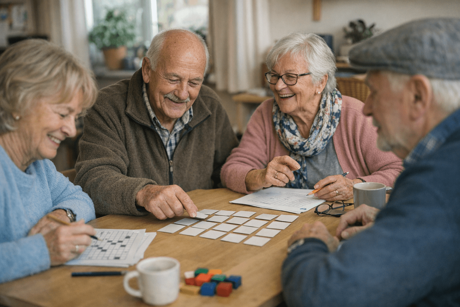 ältere Menschen beim Gedächtnistraining Eine Gruppe älterer Menschen beim gemeinsamen Gedächtnistraining mit Rätseln und Spielen