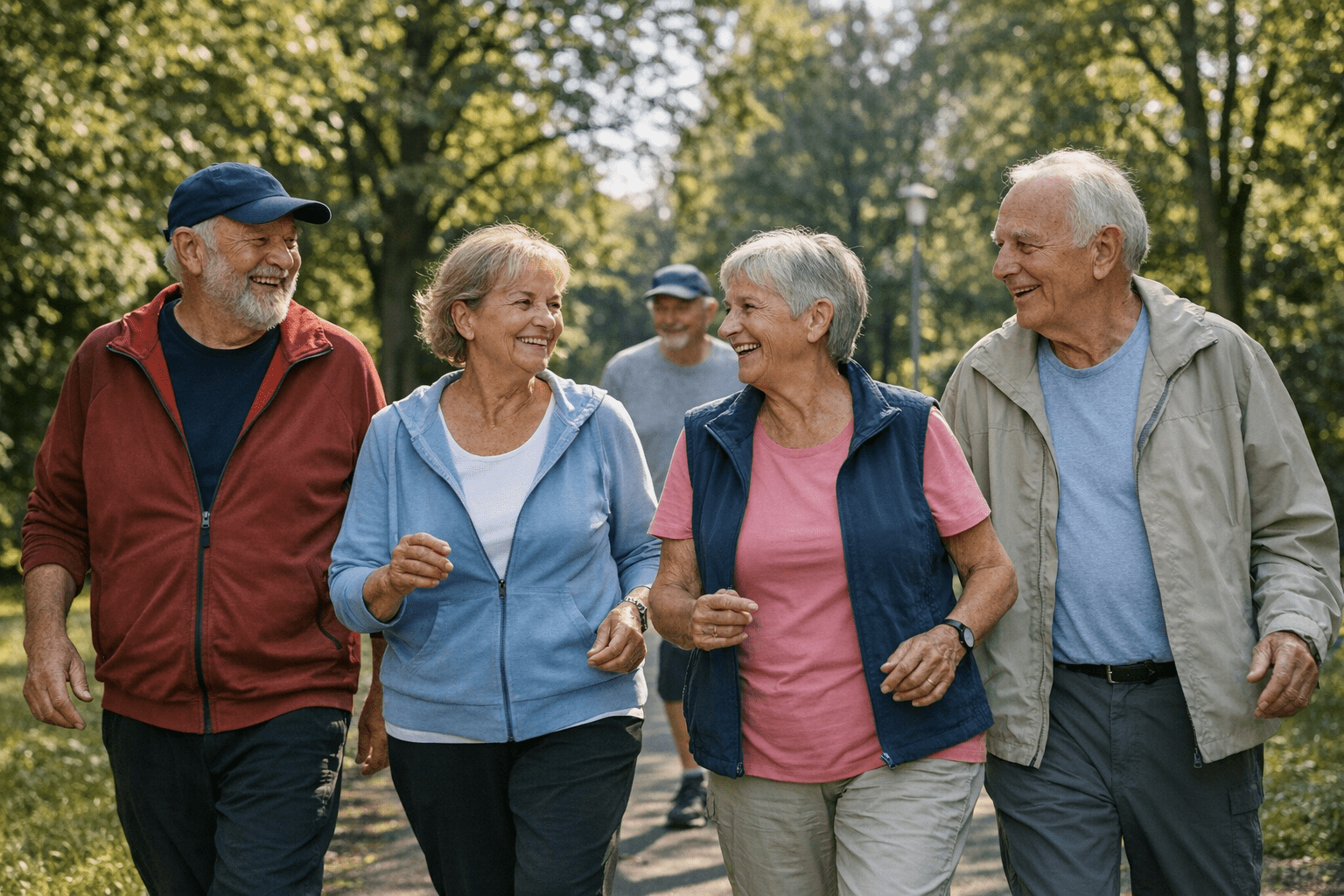 ältere Menschen beim Spaziergang im Park Ältere Menschen gehen gemeinsam im Park spazieren und genießen körperliche Aktivität