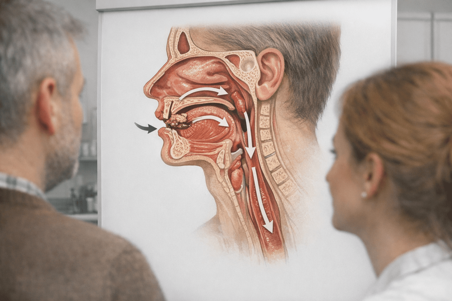 Dysphagie Konzept mit Schluckvorgang Medizinische Illustration des Schluckvorgangs mit markierten Phasen und Strukturen