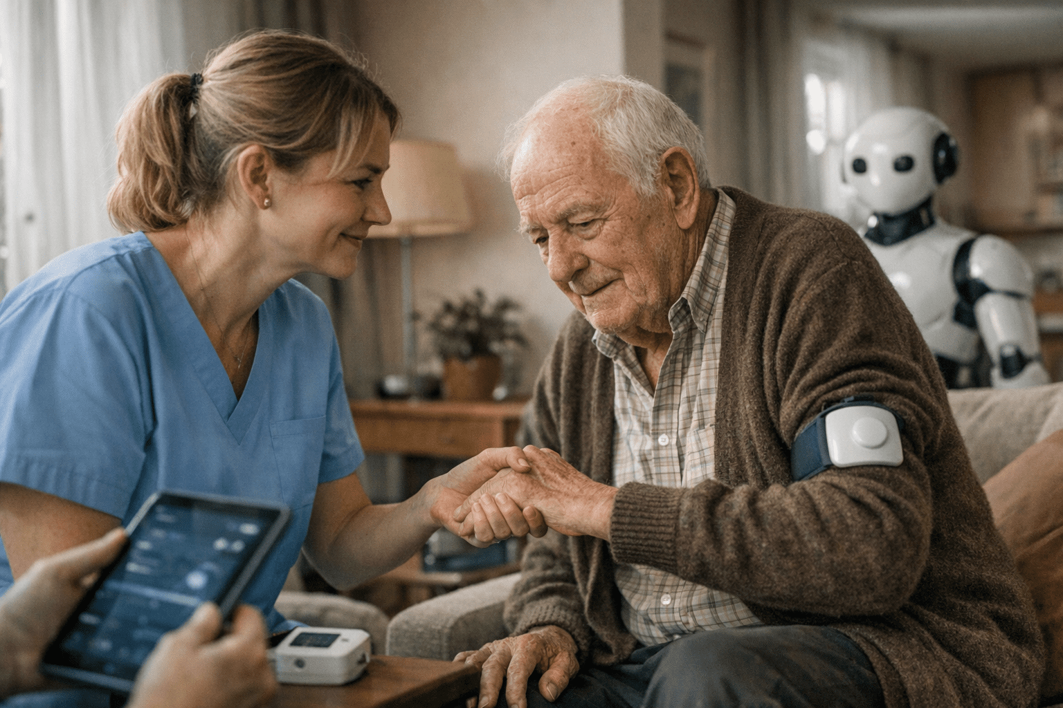 Demografischer Wandel und KI in der Pflege Symbolbild: Ältere Person wird von einer Pflegekraft betreut, im Hintergrund digitale und technologische Elemente wie Tablet, Sensoren und Roboter