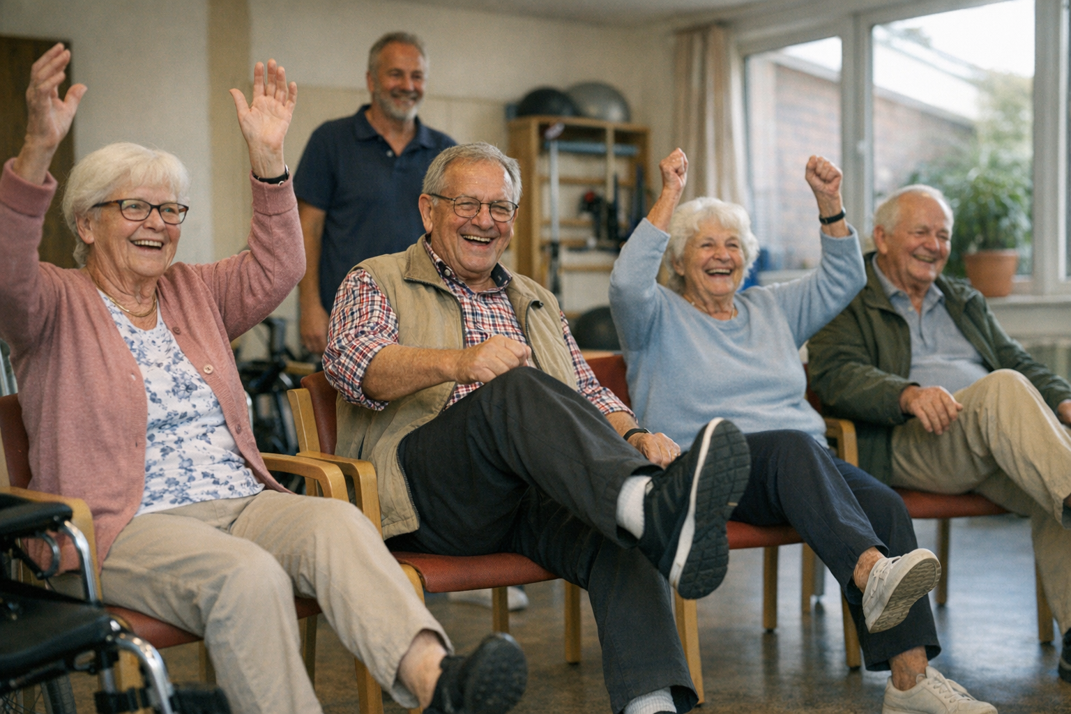 Senioren bei gemeinsamer Stuhlgymnastik Senioren sitzen auf stabilen Stühlen und machen gemeinsam einfache Gymnastikübungen