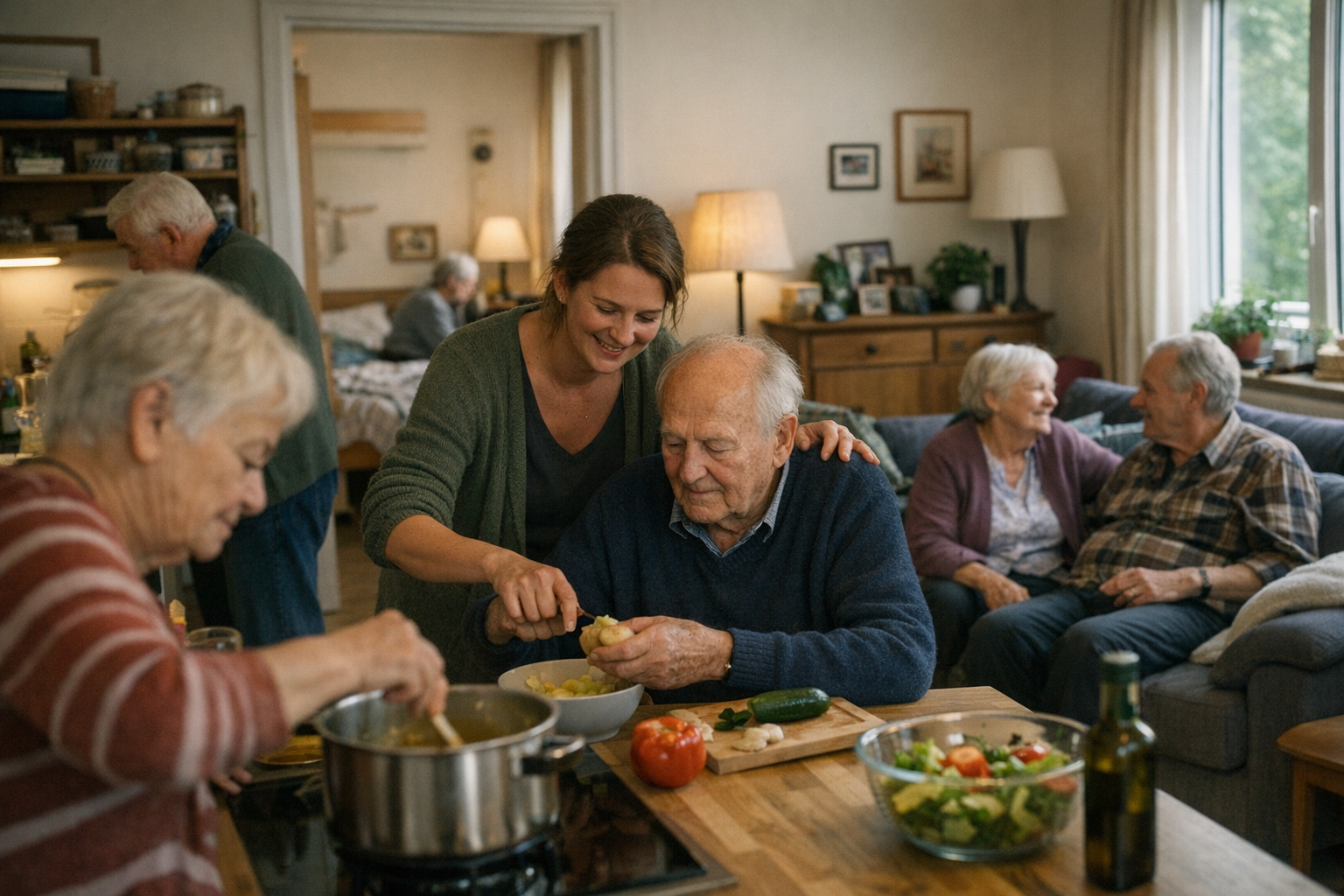 Demenz-Wohngemeinschaft in Deutschland Gemeinschaftsraum einer Demenz-WG mit Bewohnern und Pflegekraft