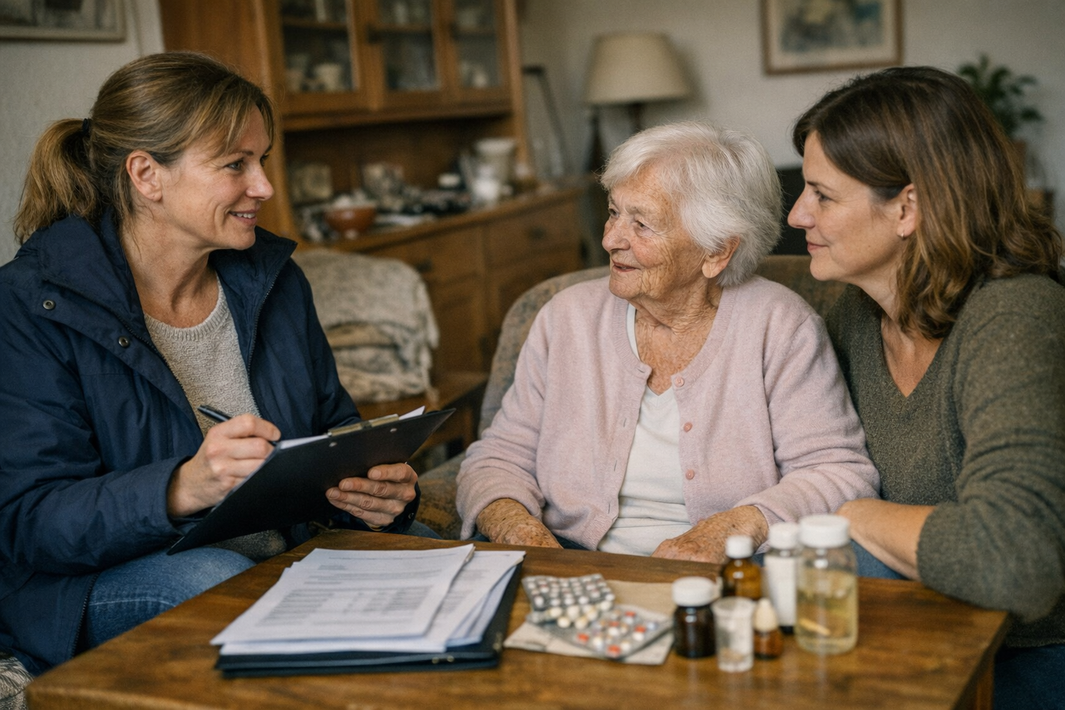 Medicproof Begutachtung Pflegegrad Zuhause Begutachtung durch Medicproof im häuslichen Umfeld mit älterer Person und Angehörigem