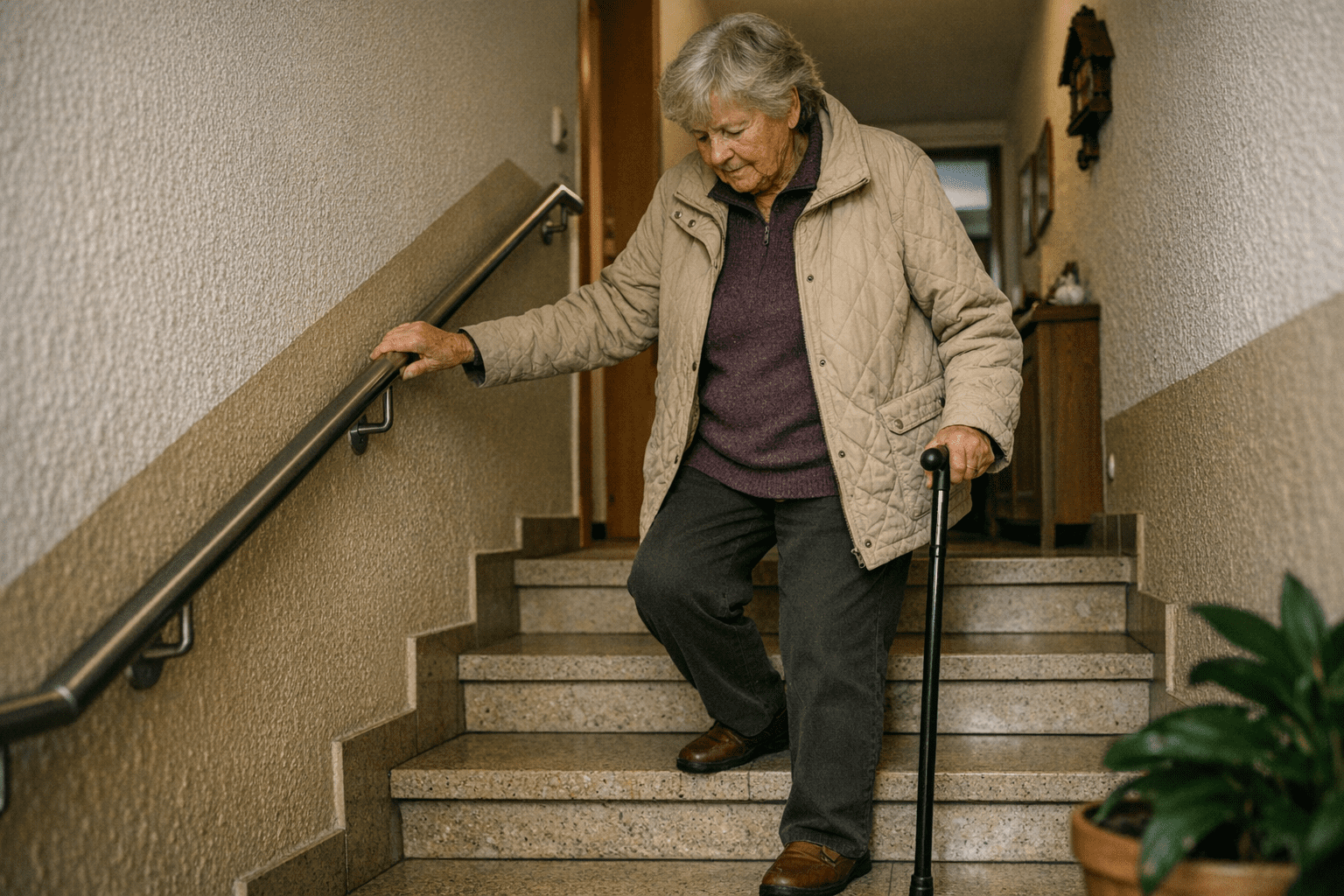 ältere Frau mit Gehstock und Handlauf an Treppe Ältere Frau mit Gehstock und Handlauf an einer Treppe in gut beleuchteter Umgebung