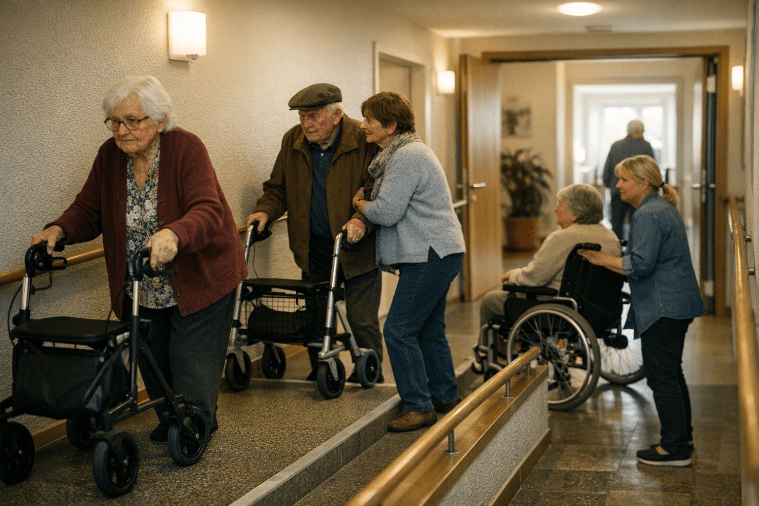barrierefreie Wohnraumgestaltung mit Rampen und breiten Türen Flur mit Rampe, breiten Türen und rutschfestem Bodenbelag
