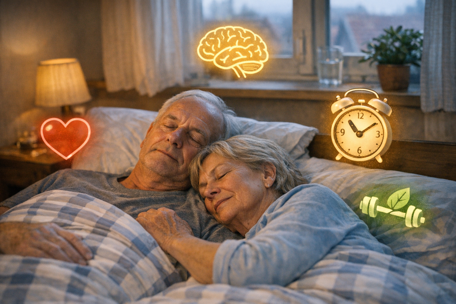 Schlaf und Langlebigkeit im Alter Symbolische Darstellung von Schlaf und Langlebigkeit im Alter mit älterem Paar im Bett und Gesundheitssymbolen