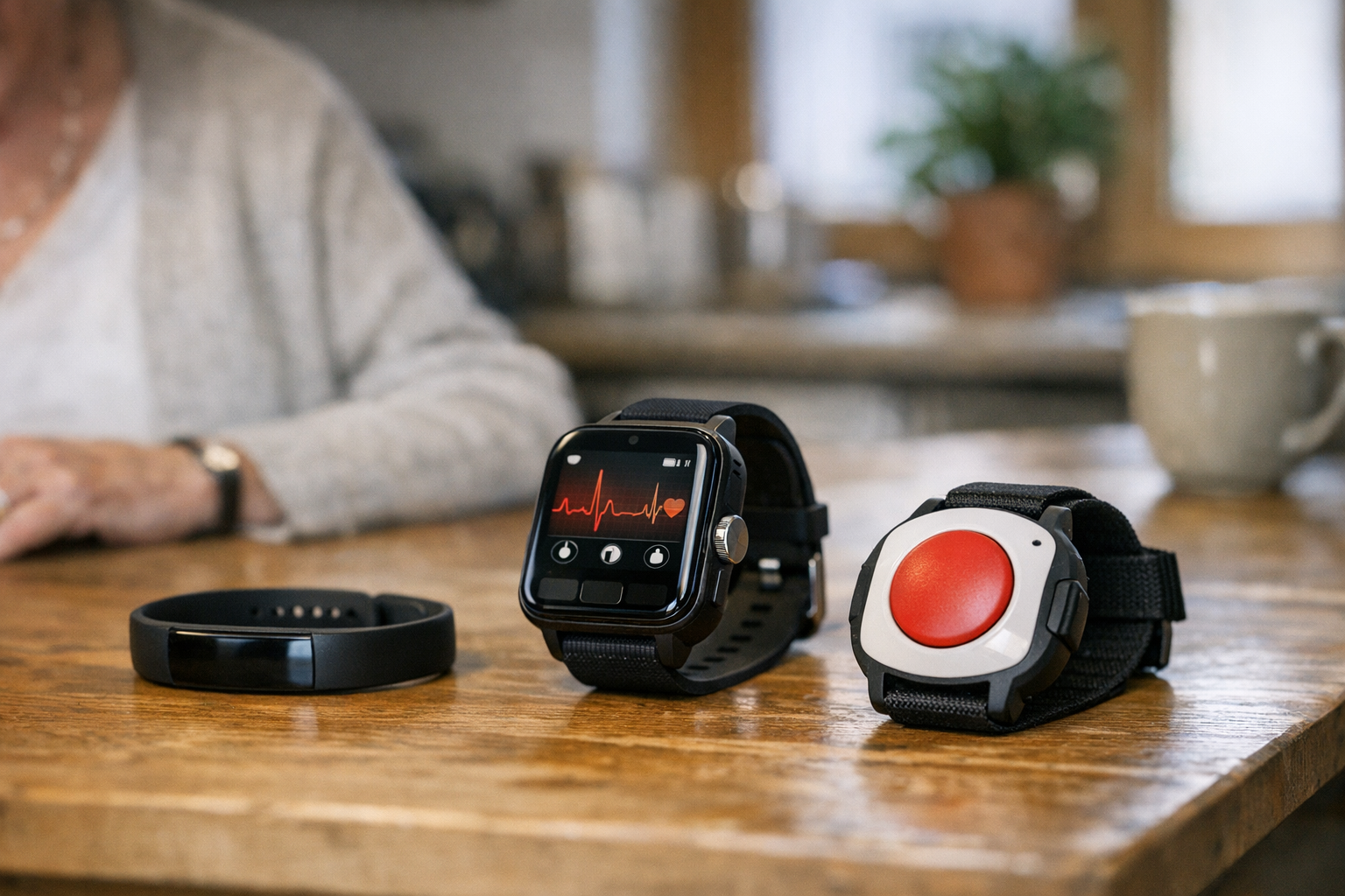 verschiedene Wearables für Senioren verschiedene Wearables für Senioren auf einem Tisch mit klaren Funktionsbeschriftungen