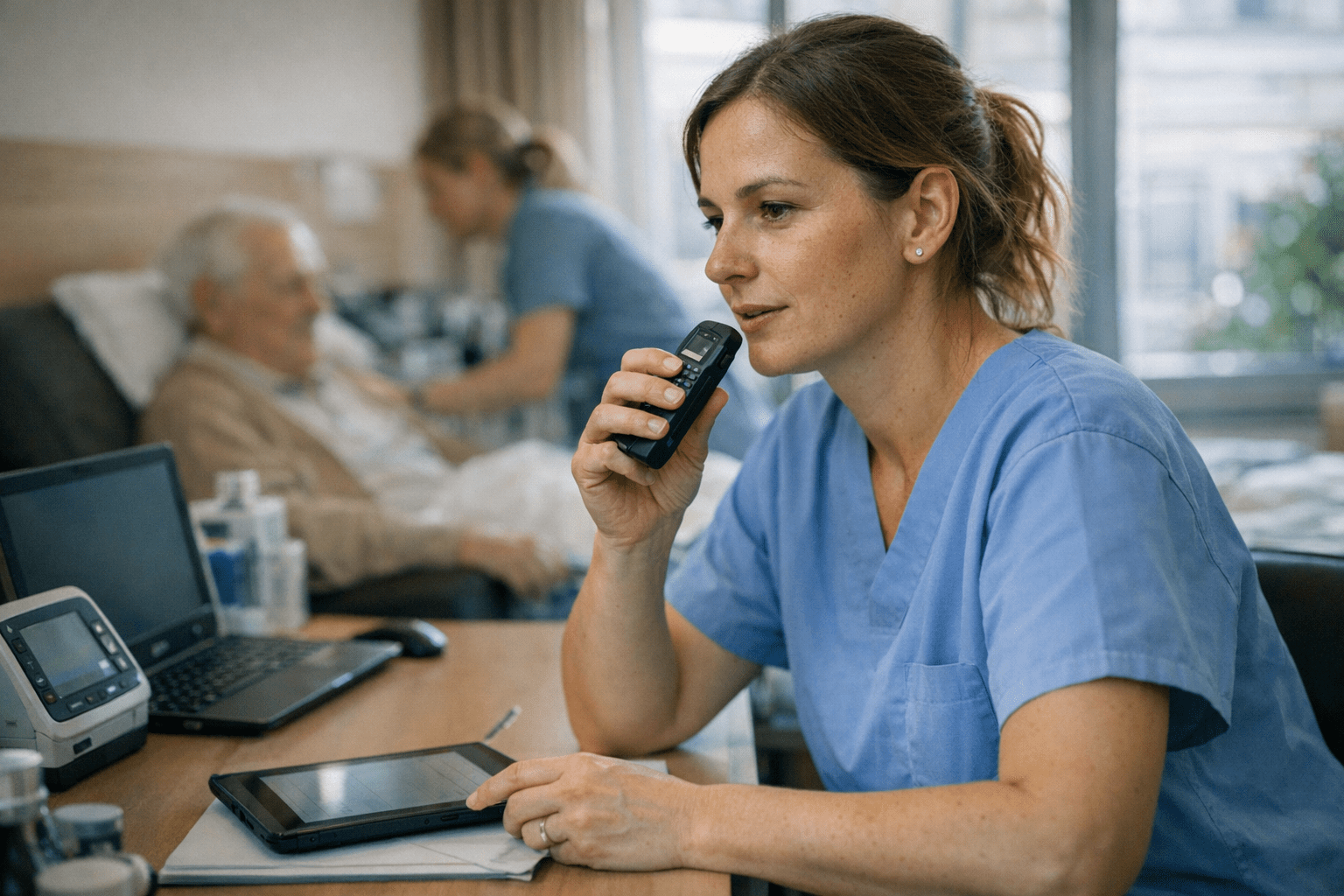 Pflegekräfte im Alltag mit Dokumentation Pflegekraft diktiert Notizen in ein digitales Gerät während sie einen älteren Patienten betreut