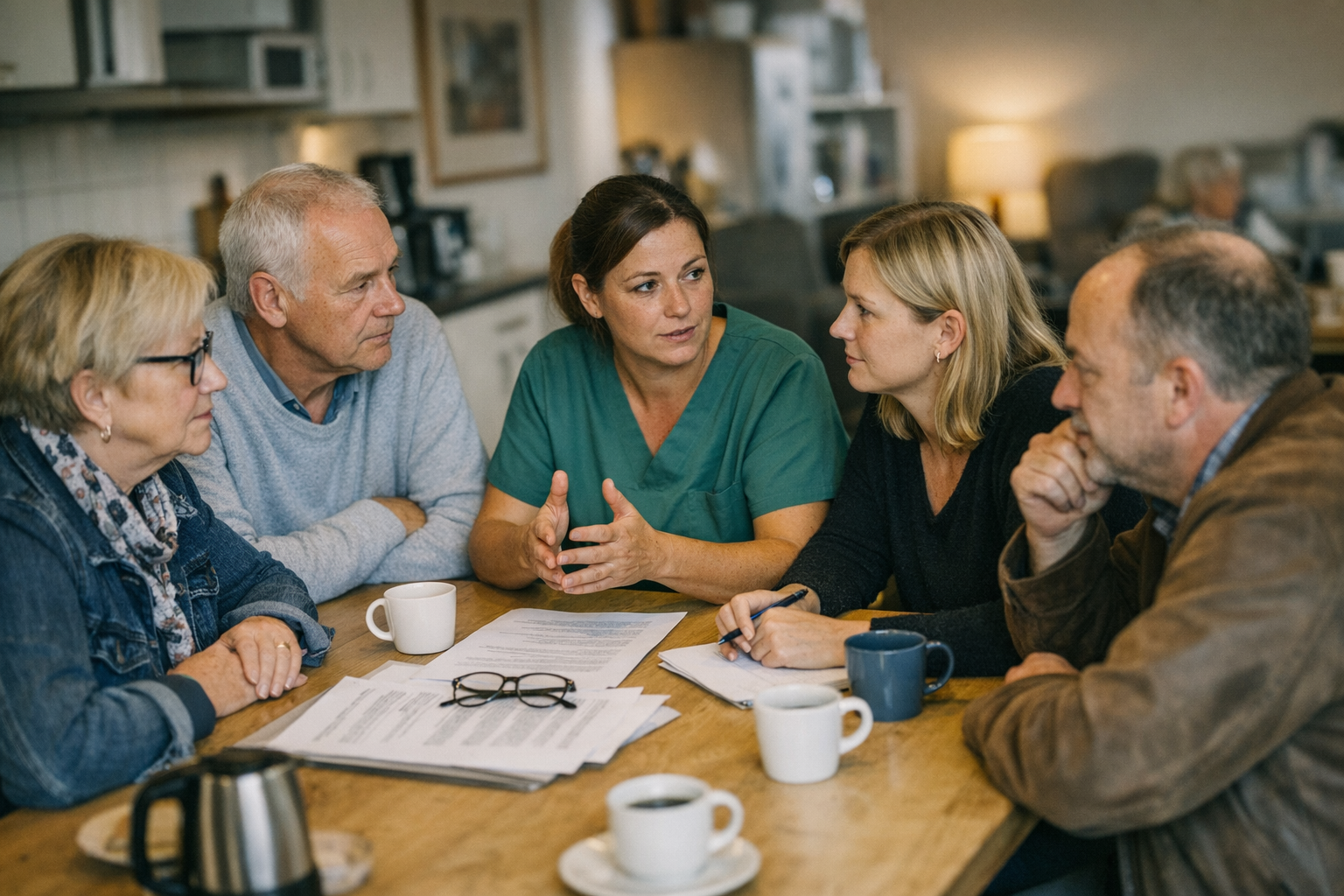 Angehörige und Pflegedienst in einer Demenz-WG Angehörige und Pflegedienst besprechen Betreuung in einer Demenz-WG