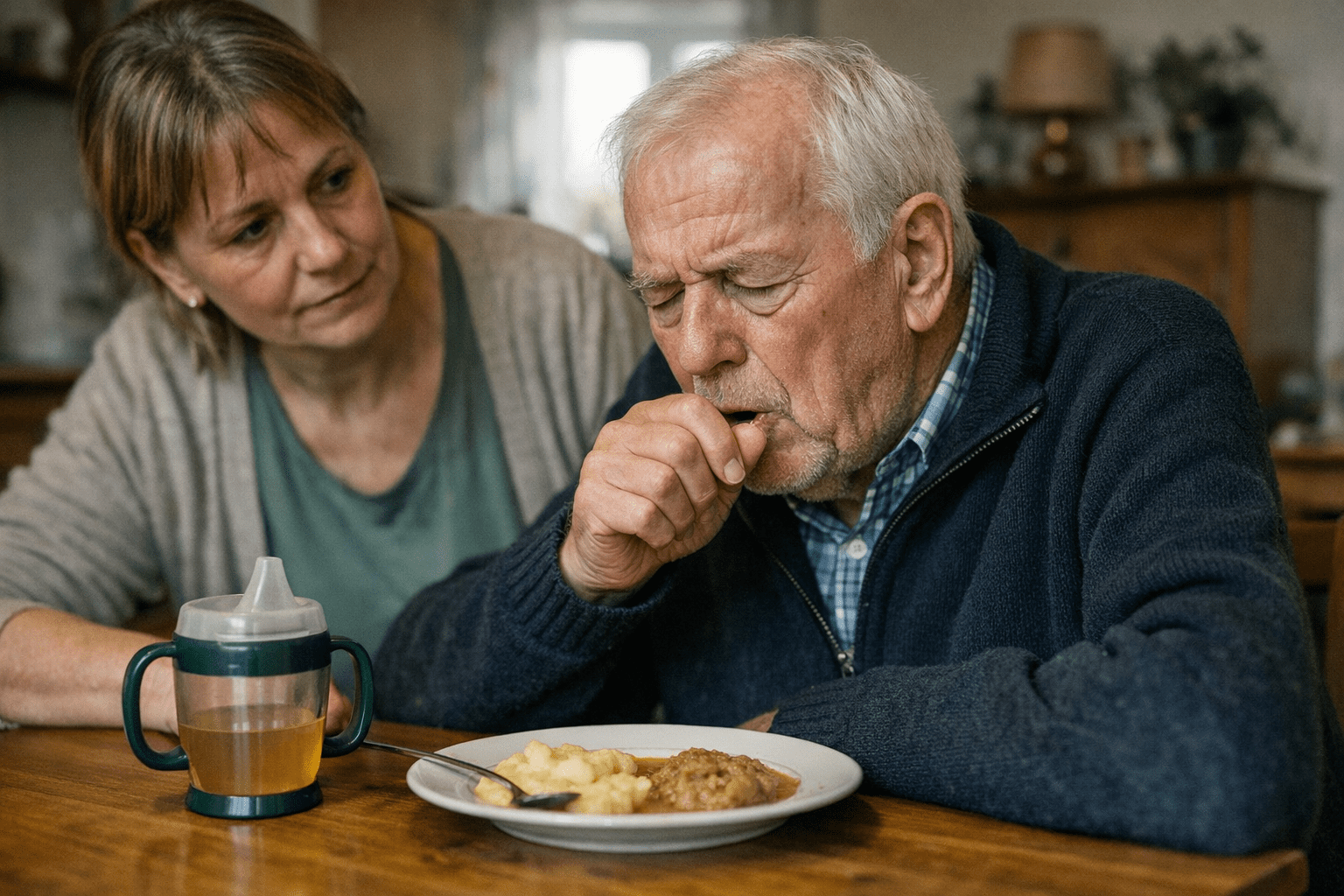 Senior mit Schluckbeschwerden beim Essen Senior mit Schluckbeschwerden beim Essen