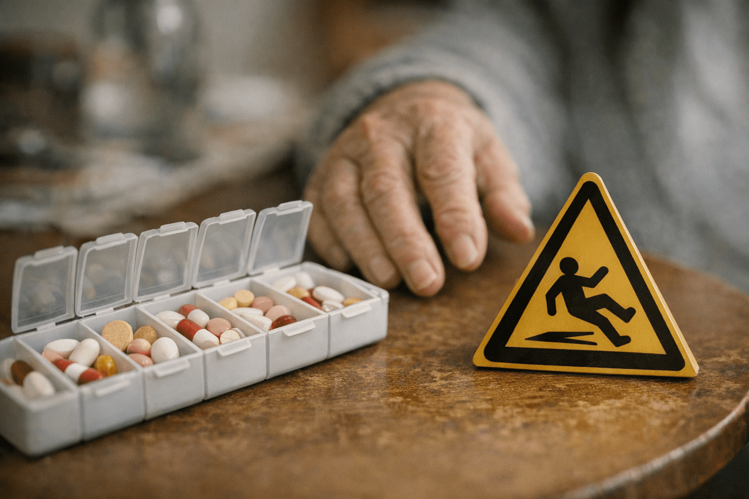 Medikamentendose mit Tabletten und Warnhinweis Medikamentendose mit Tabletten und Warnhinweis vor Nebenwirkungen