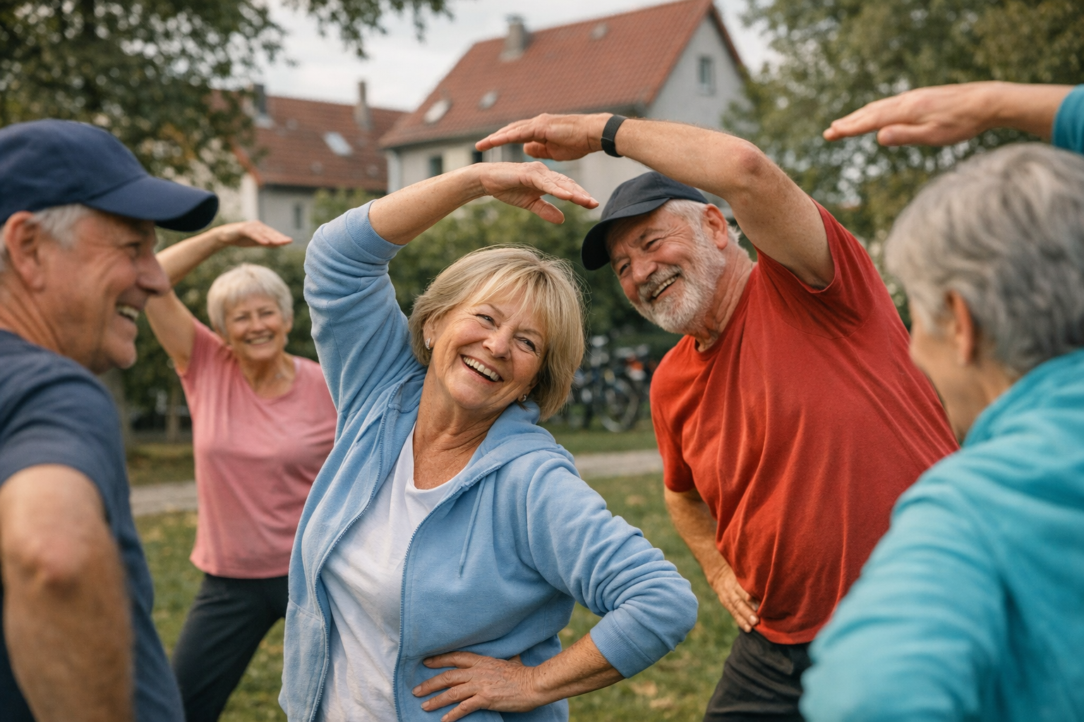 Seniorengruppe bei gemeinsamer Bewegung Seniorengruppe macht gemeinsam Bewegung im Freien und lächelt
