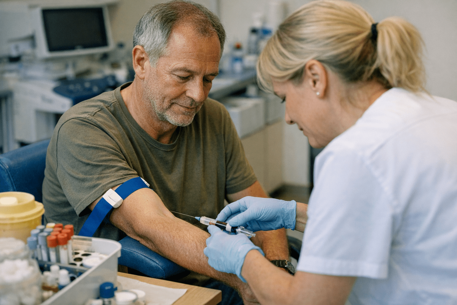 ältere Person bei einer Blutuntersuchung Ältere Person bei einer Blutuntersuchung durch medizinisches Fachpersonal
