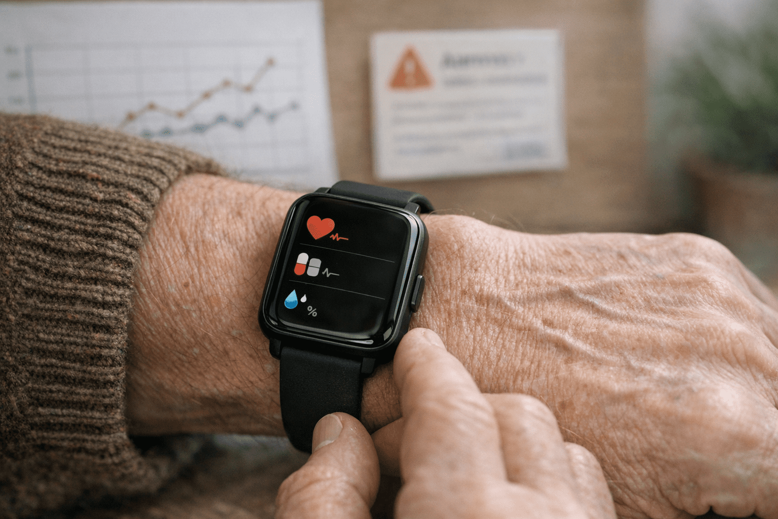 Vitaldatenmessung mit Gesundheitsuhr Gesundheitsuhr am Handgelenk eines Seniors mit Vitaldatenanzeige und Trendgrafik