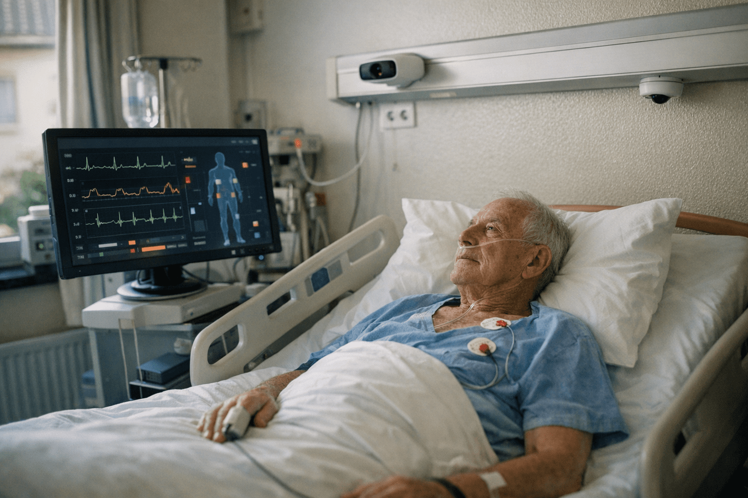 KI-gestützte Monitoring-Systeme in der Pflege Krankenhauszimmer mit Sensoren an Bett und Wänden, ein älterer Patient wird überwacht, Bildschirm zeigt Vitaldaten und Warnungen