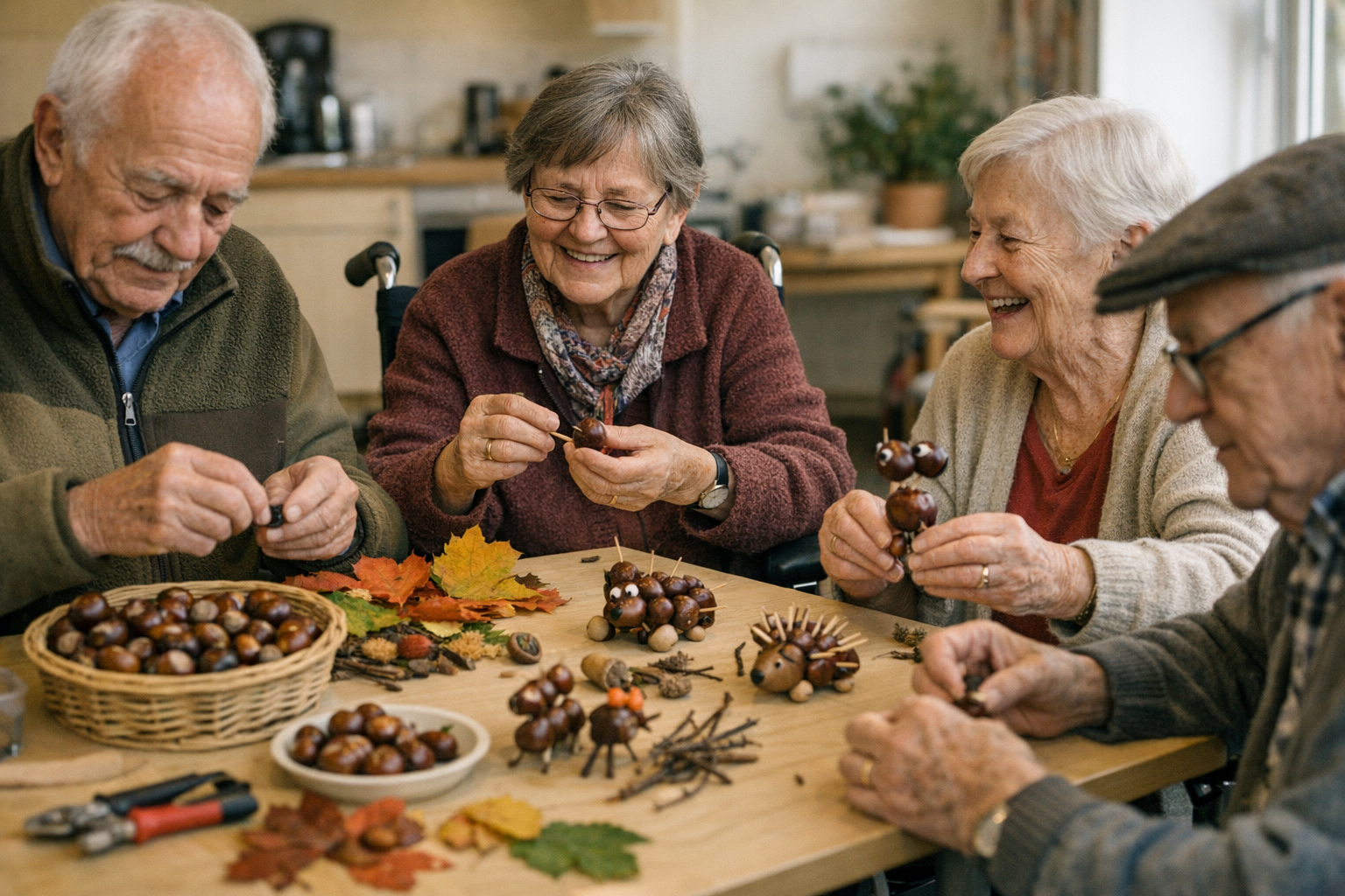 Senioren basteln mit Kastanien und Naturmaterialien Senioren basteln mit Kastanien und Naturmaterialien am Tisch
