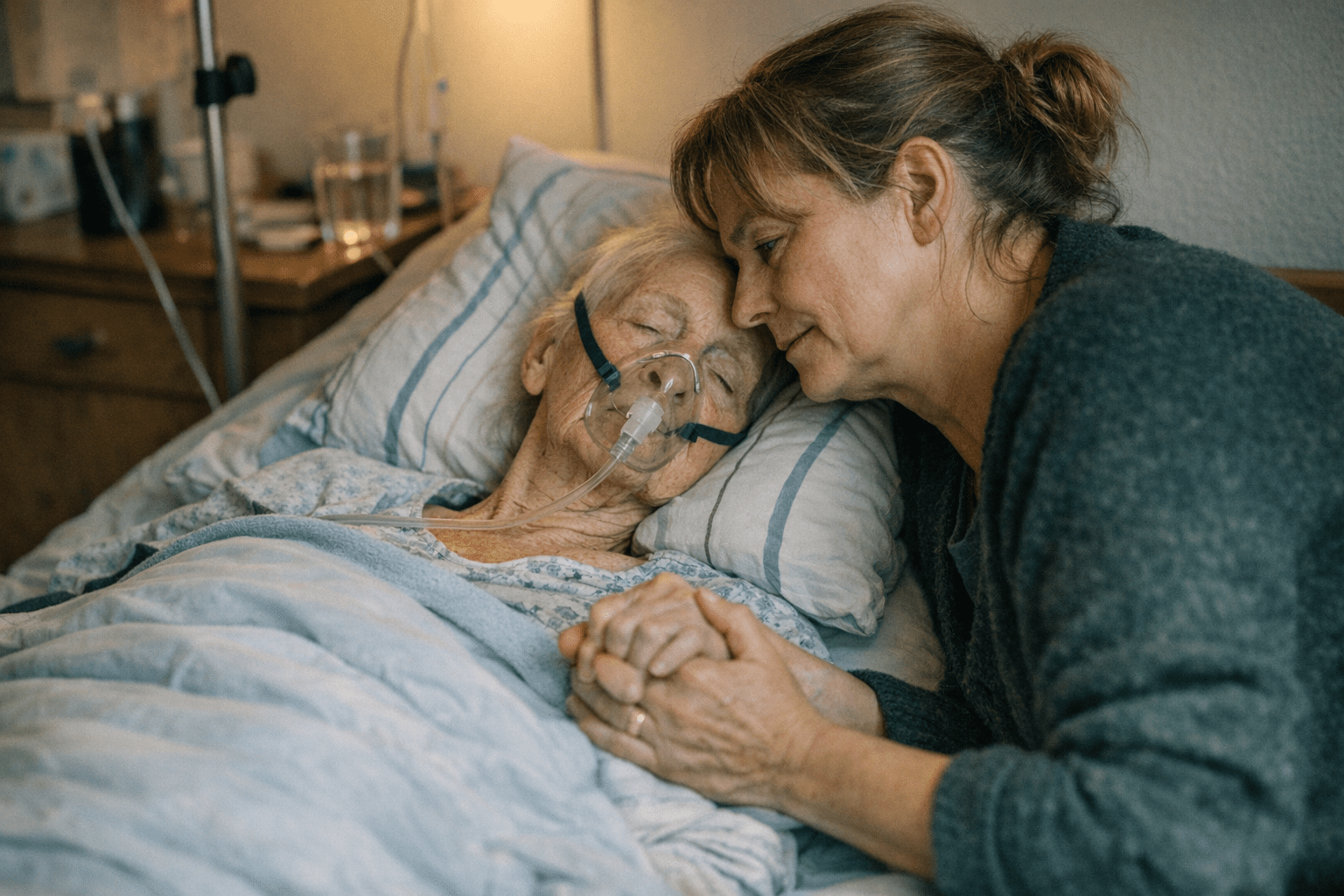 Bettlägeriger Demenzpatient mit Pflegekraft Bettlägeriger Demenzpatient mit Pflegekraft