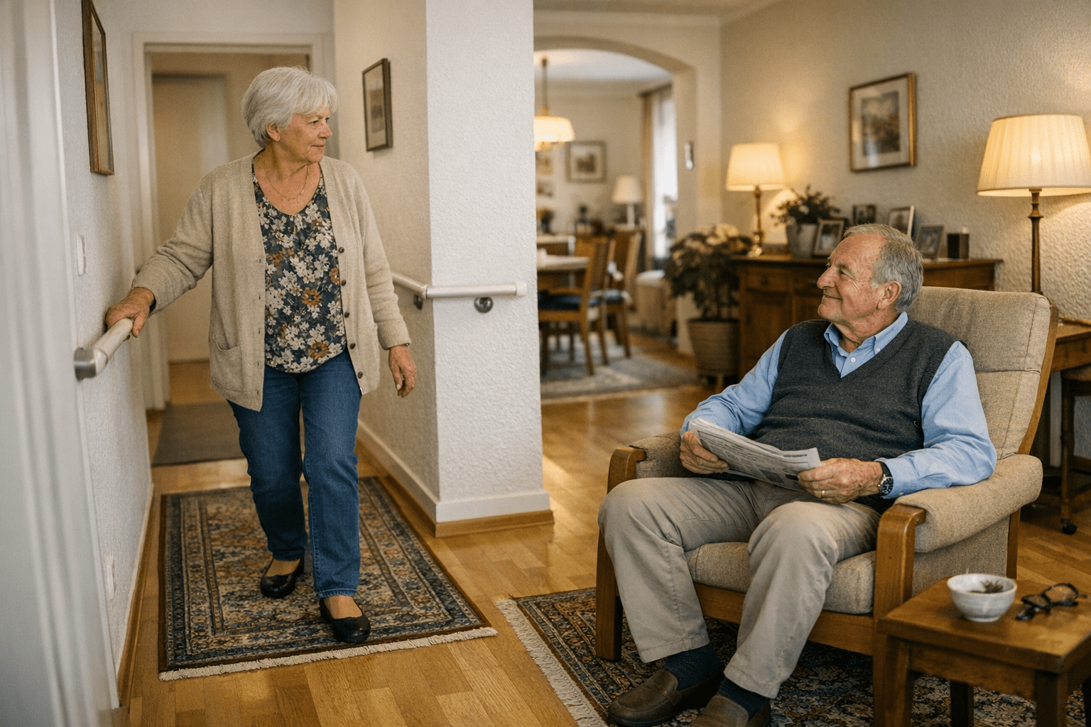 Wohnzimmer mit sicheren Gehwegen und Haltegriffen Wohnzimmer mit sicheren Gehwegen, Haltegriffen und heller Beleuchtung