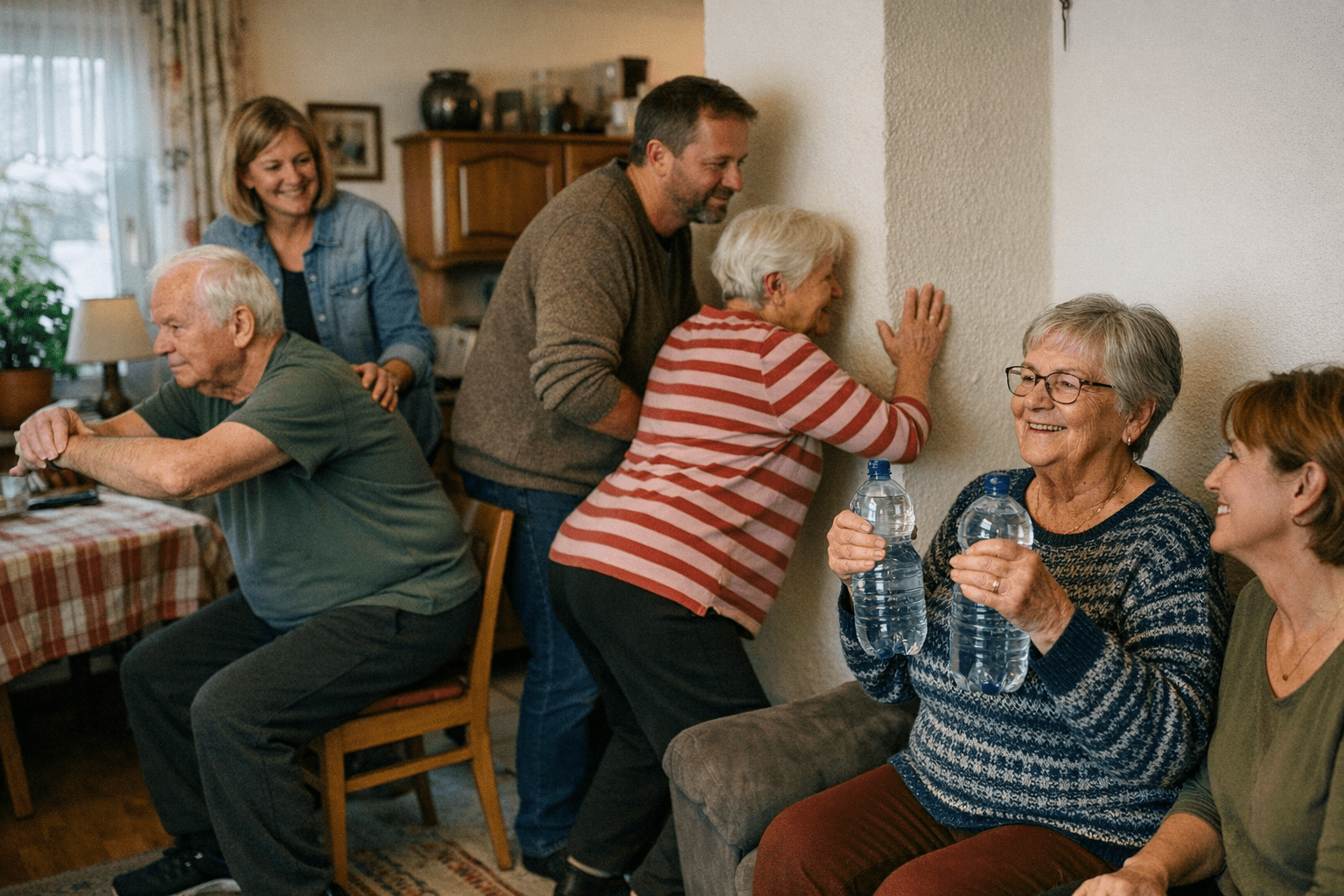Senioren beim Krafttraining zu Hause mit Alltagsgegenständen Senioren beim Krafttraining zu Hause mit Alltagsgegenständen