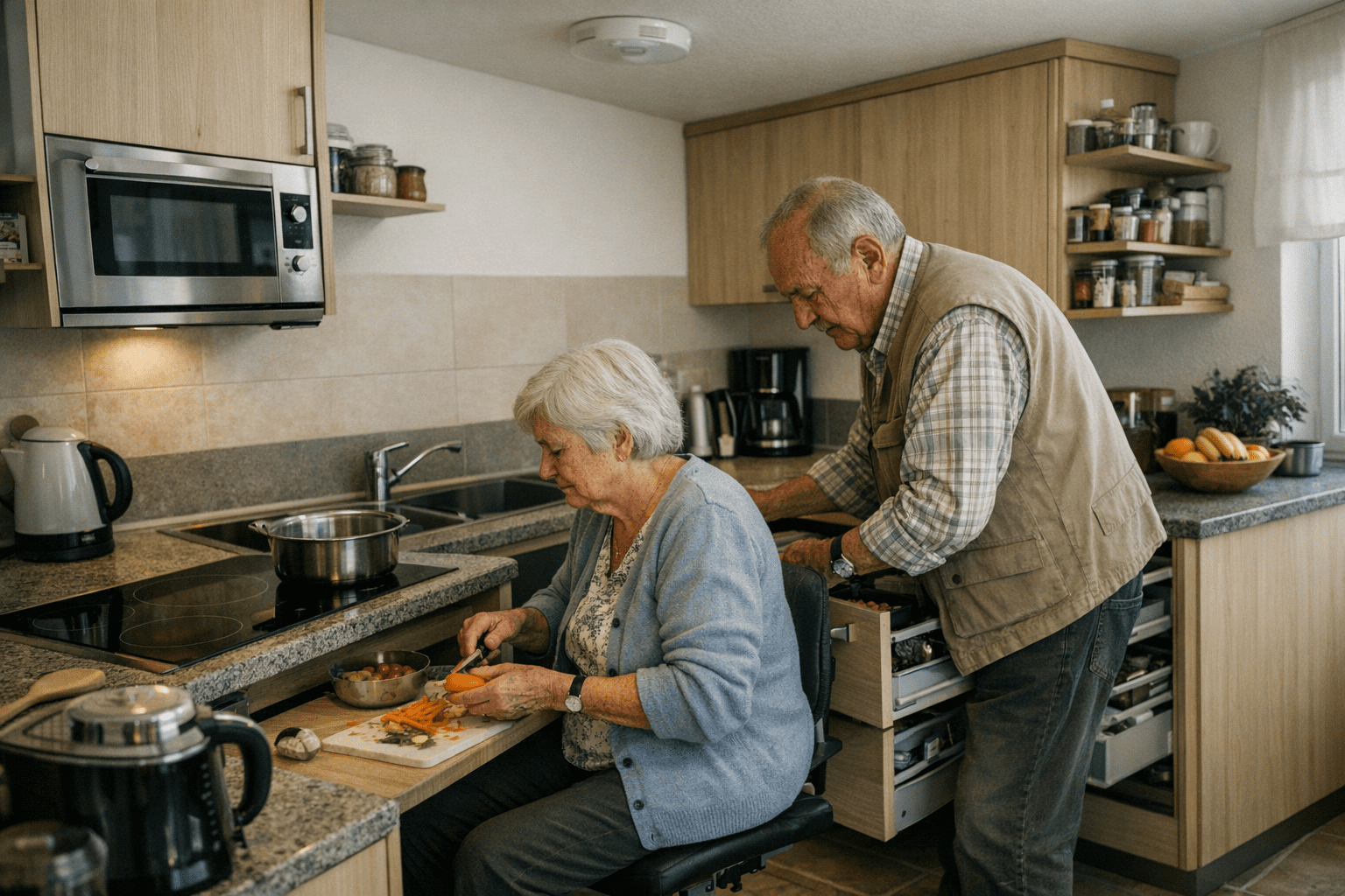 ergonomische Küche mit unterfahrbaren Arbeitsflächen und leicht zugänglichen Geräten Küche mit unterfahrbaren Arbeitsflächen und leicht zugänglichen Geräten