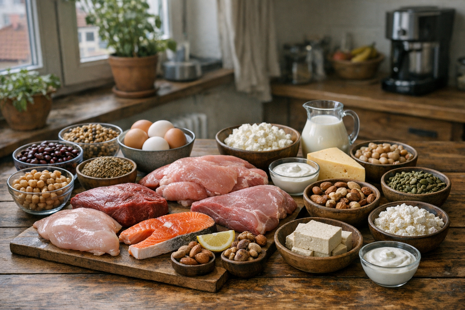 proteinreiche Lebensmittel auf einem Tisch arrangiert proteinreiche Lebensmittel auf einem Tisch arrangiert