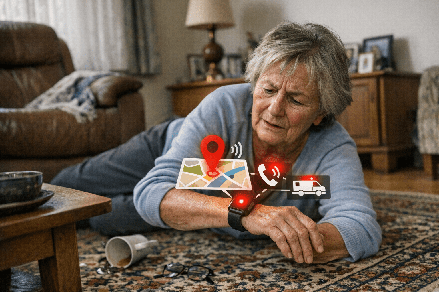 Sturzerkennung mit Notruffunktion Senior nach einem Sturz mit aktivierter Notruffunktion und GPS-Ortung
