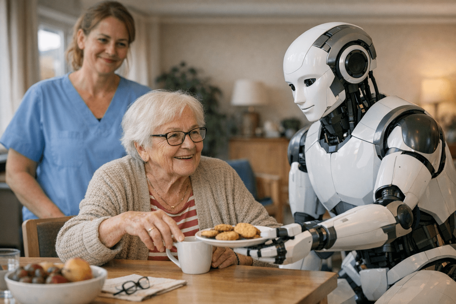 Assistenzroboter im Pflegealltag Humanoider Roboter interagiert mit einer älteren Person in einer Pflegeeinrichtung, Pflegekraft beobachtet