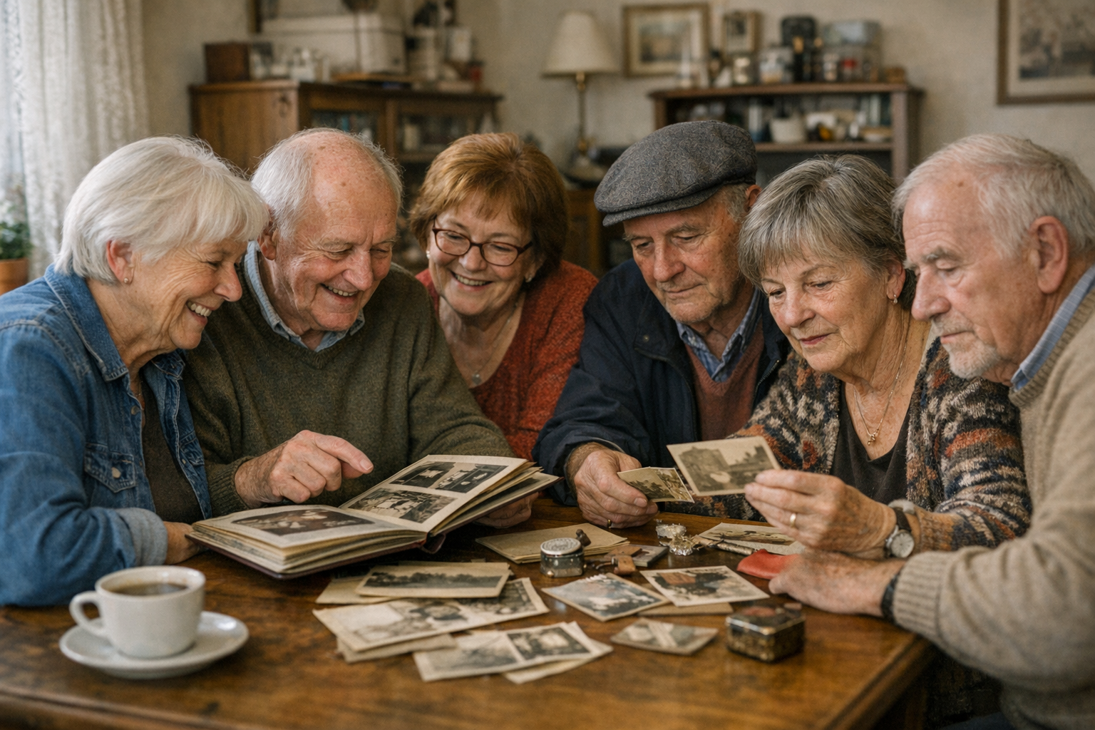 Senioren betrachten alte Fotos und Erinnerungsstücke Senioren betrachten alte Fotos und Erinnerungsstücke gemeinsam am Tisch