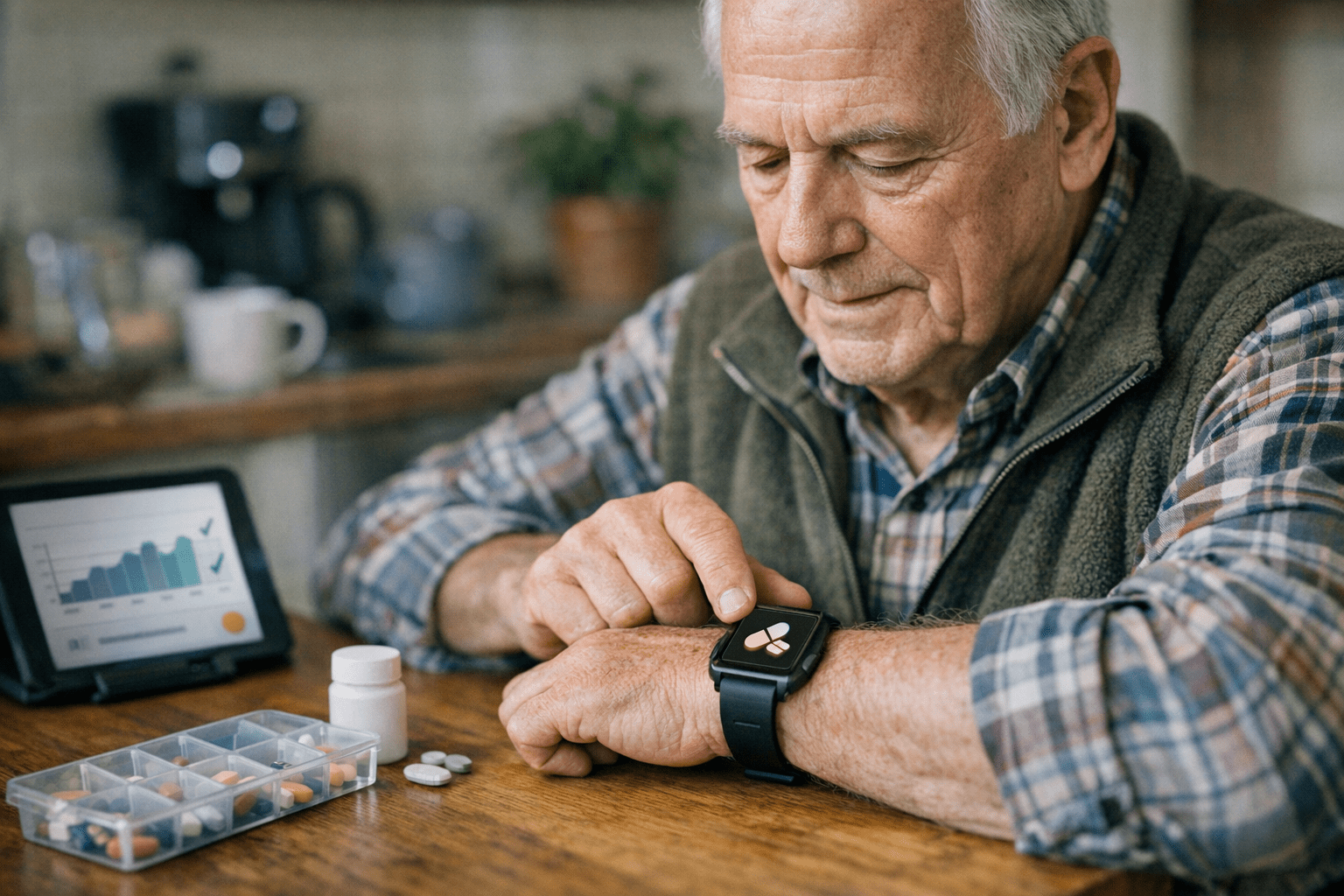 Medikamentenerinnerung durch Wearable Senior erhält Medikamentenerinnerung von Wearable mit Pillenbox und digitalem Einnahmelog