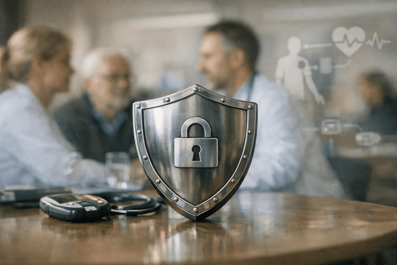 Datenschutz und Privatsphäre in der Pflege Symbolbild: Schild schützt digitale Gesundheitsdaten, abstrakte Umrisse von Menschen und Sensoren im Hintergrund