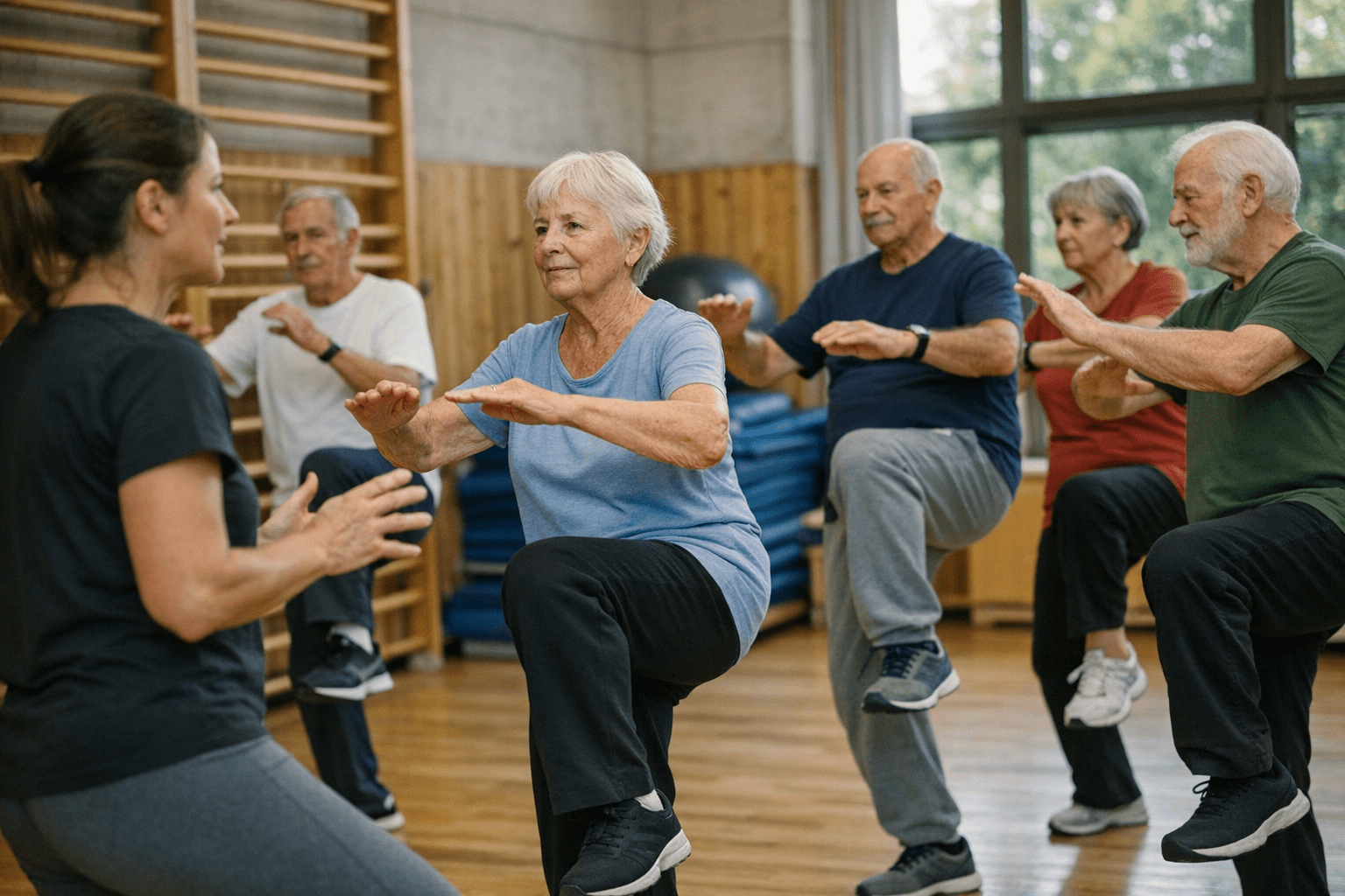 Seniorengruppe beim Gleichgewichtstraining Seniorengruppe beim Gleichgewichtstraining mit Anleitung