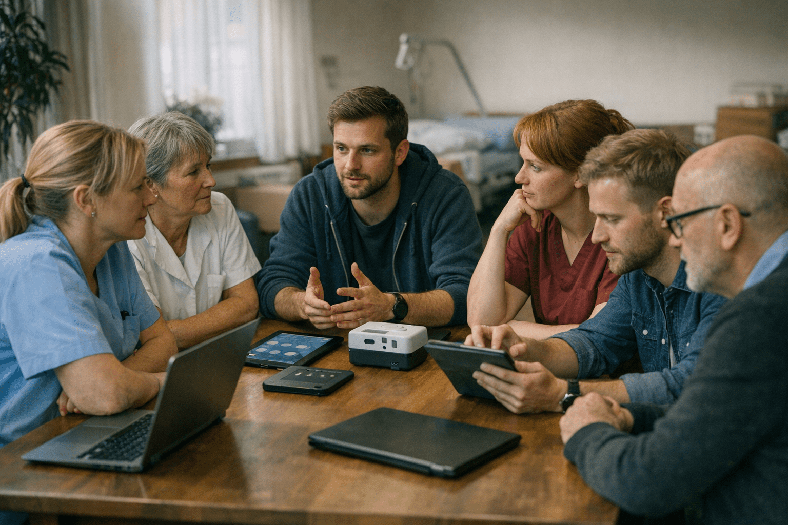 Integration von KI in Pflegestrukturen Pflegekräfte und IT-Spezialisten diskutieren die Implementierung digitaler Systeme in einer Pflegeeinrichtung, Laptops und modulare Geräte sichtbar