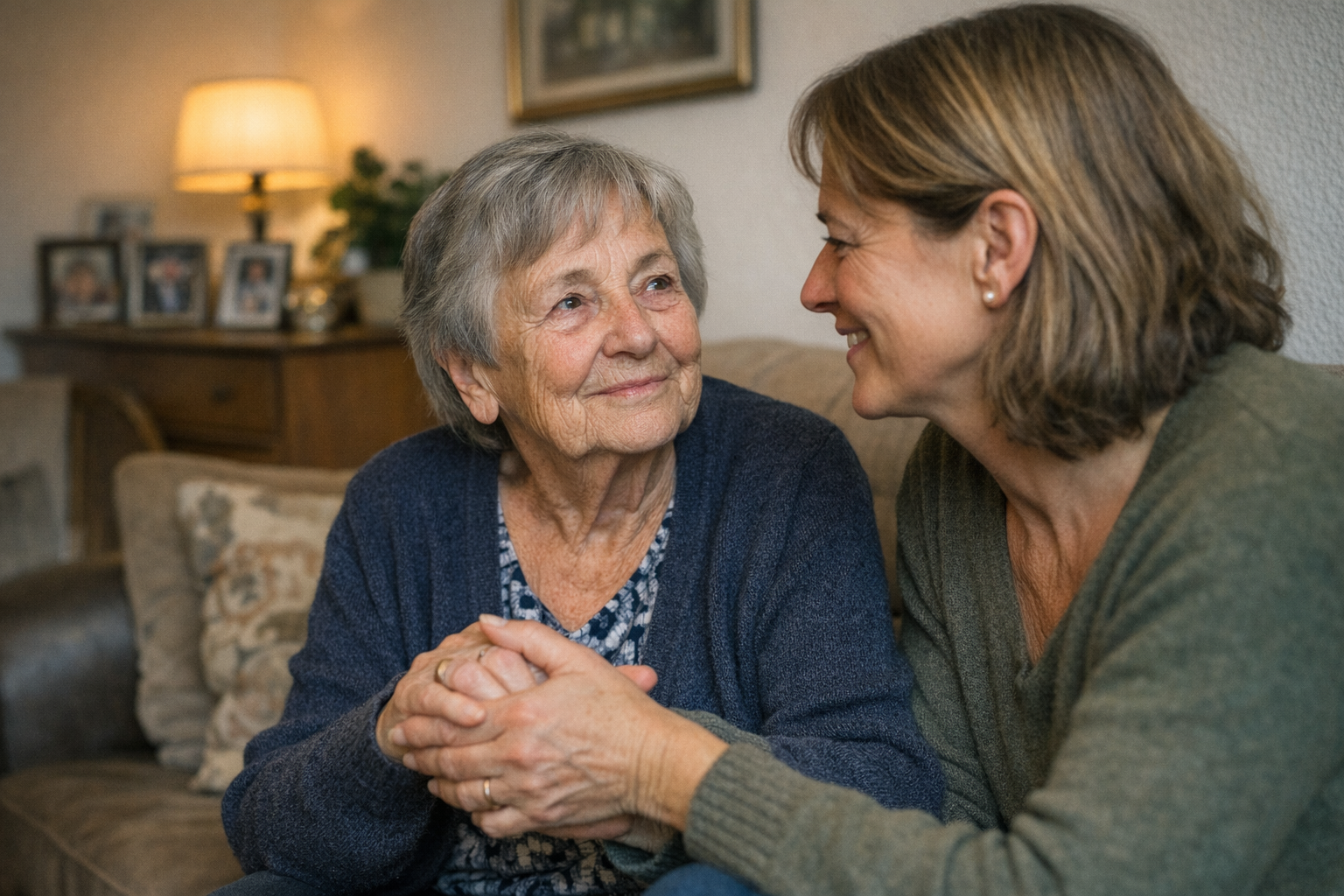 ältere Frau wird von Angehöriger zu Hause betreut ältere Frau wird von Angehöriger zu Hause betreut