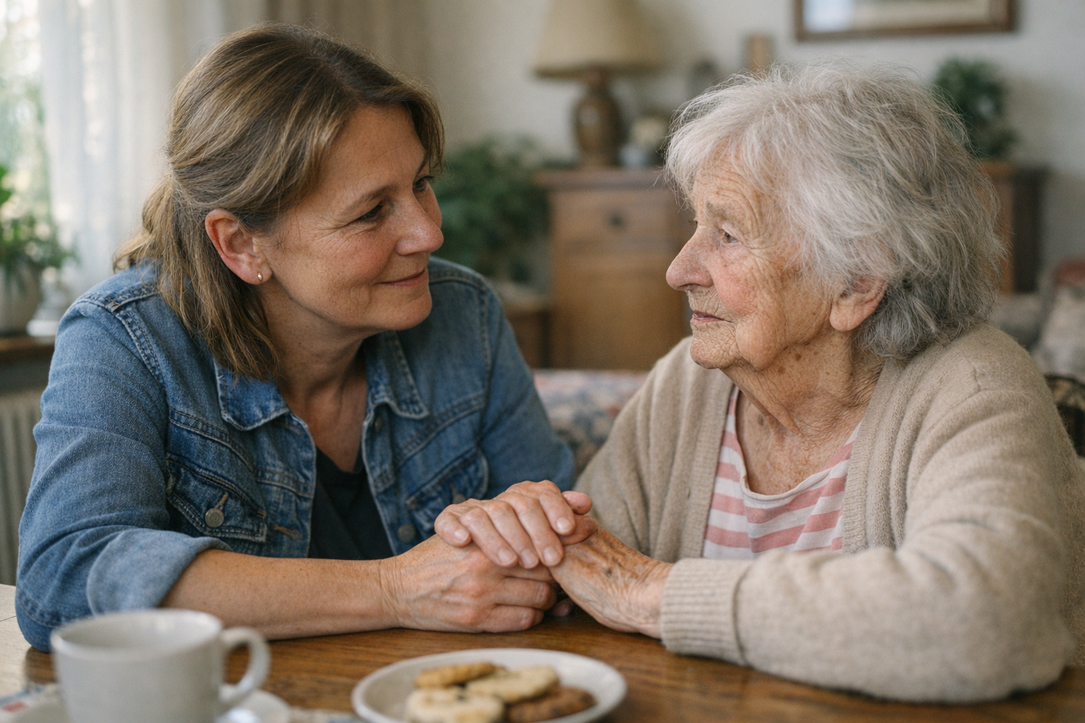Kommunikation zwischen Angehörigen und Demenzkranken zwei Menschen im Gespräch mit freundlicher Körpersprache