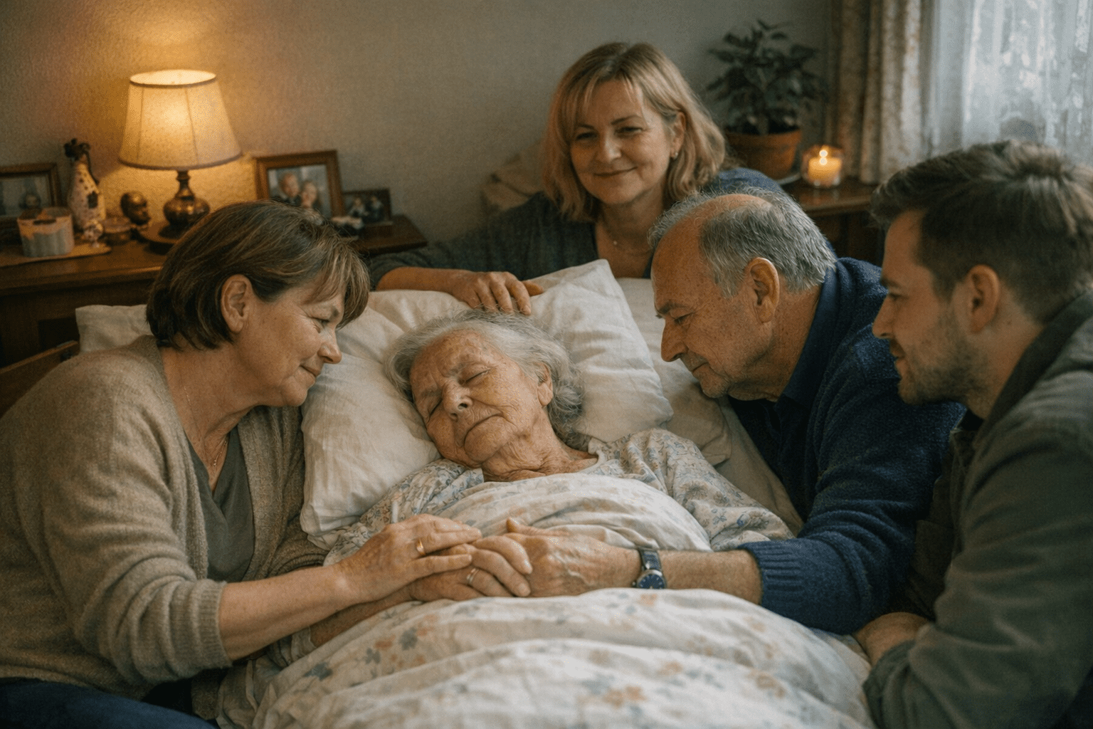 ältere Frau im Bett mit Familienmitgliedern an ihrer Seite ältere Frau im Bett mit Familienmitgliedern an ihrer Seite