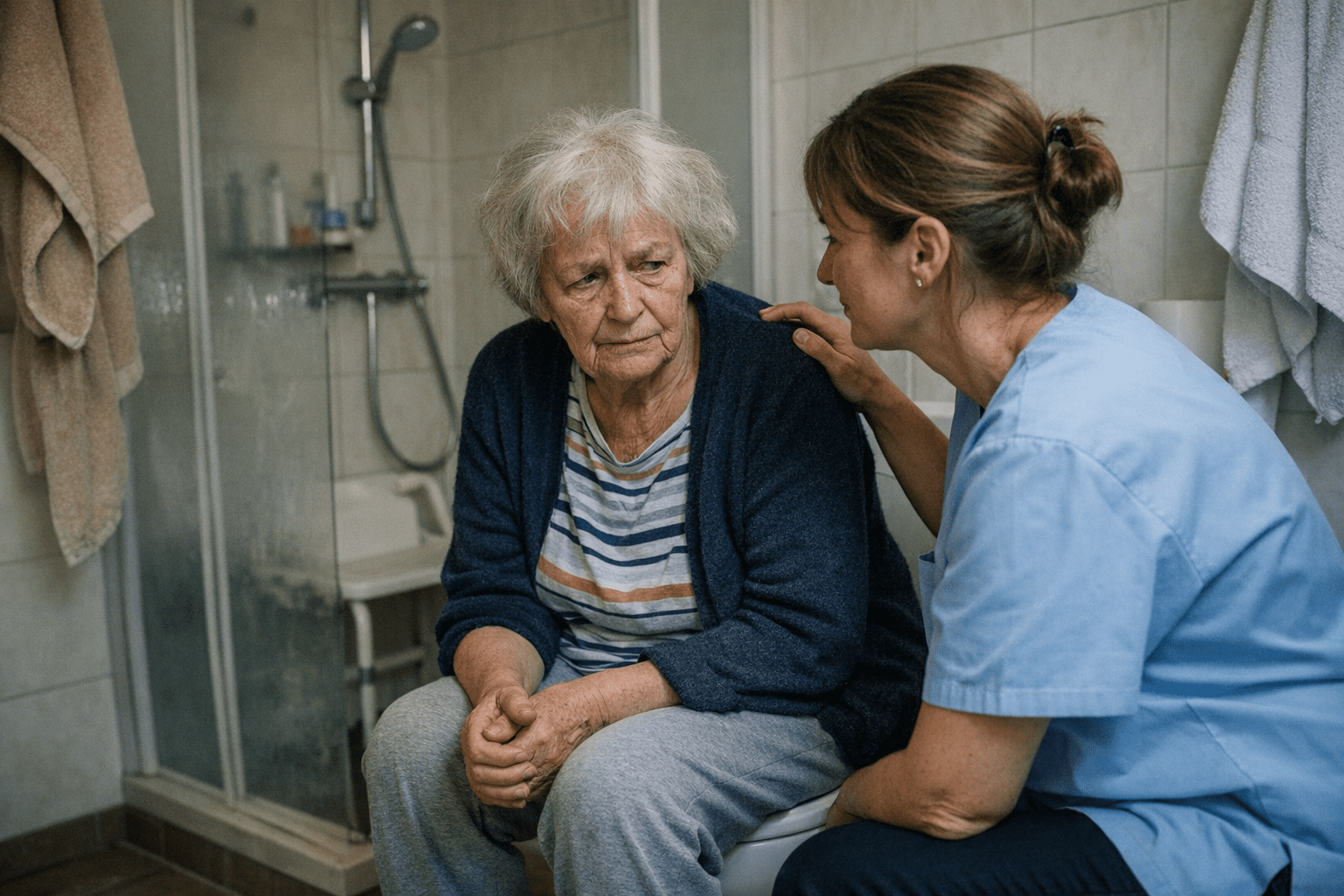 ältere Person mit Demenz die sich weigert zu duschen ältere Person mit Demenz, die sich weigert zu duschen